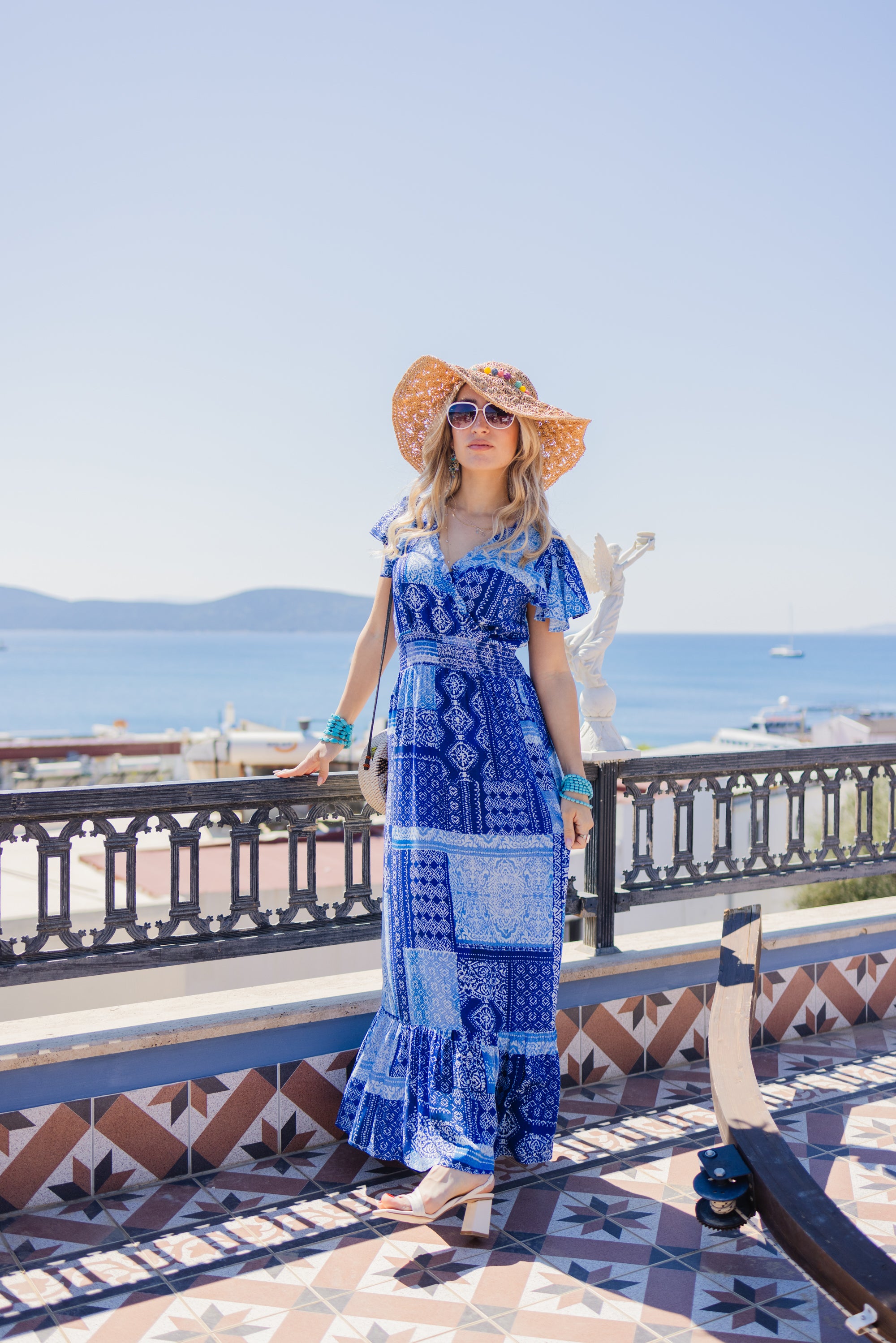 Women's Maxi Dress in Blue Tile Print with Short Sleeves and Open Back Liquorish Online Women's Maxi Dress in Blue Tile Print with Short Sleeves and Open Back Liquorish Online