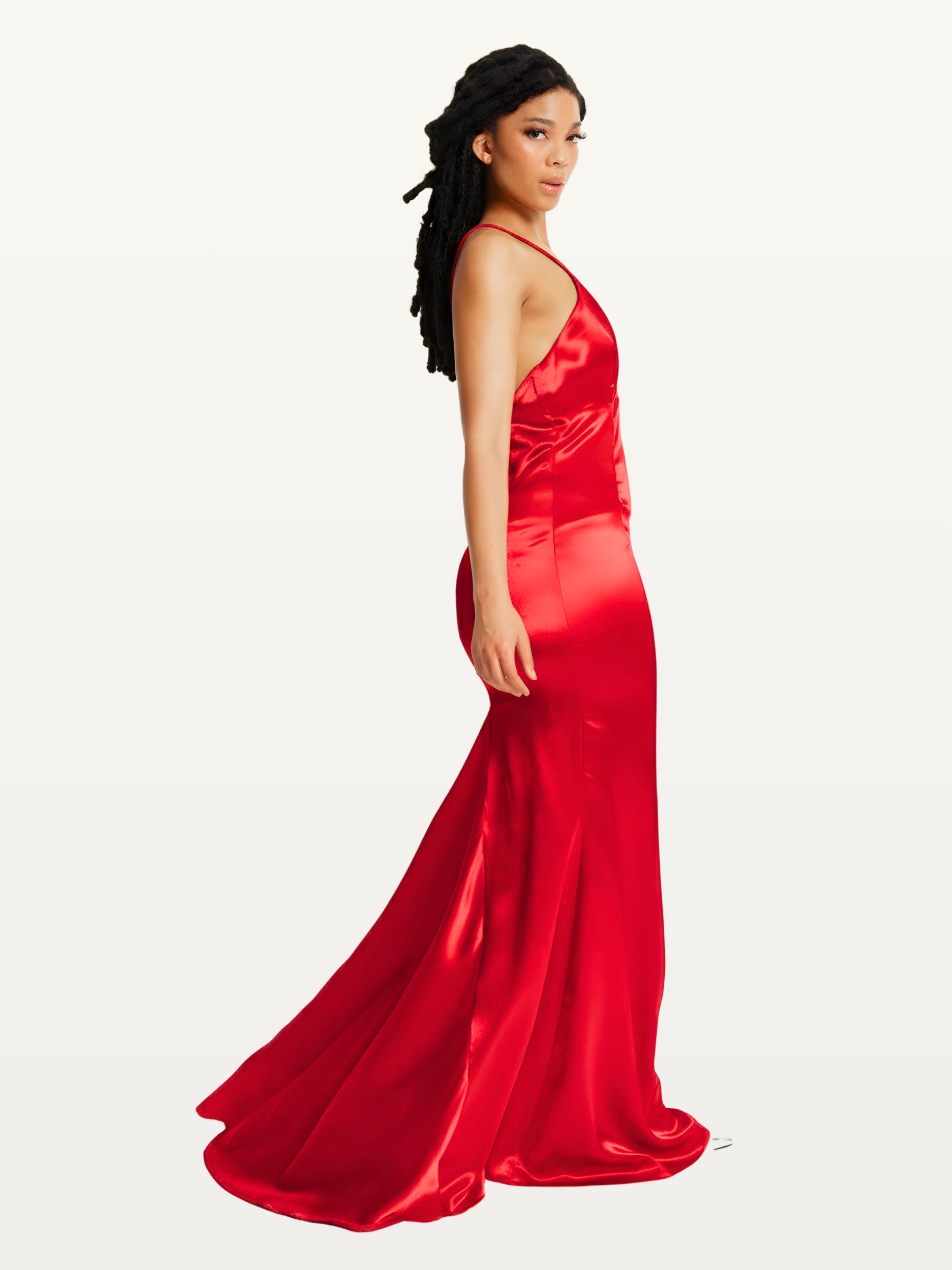 red satin plunge dress boohoo Women's Satin Plunge Front Split Leg Maxi Dress