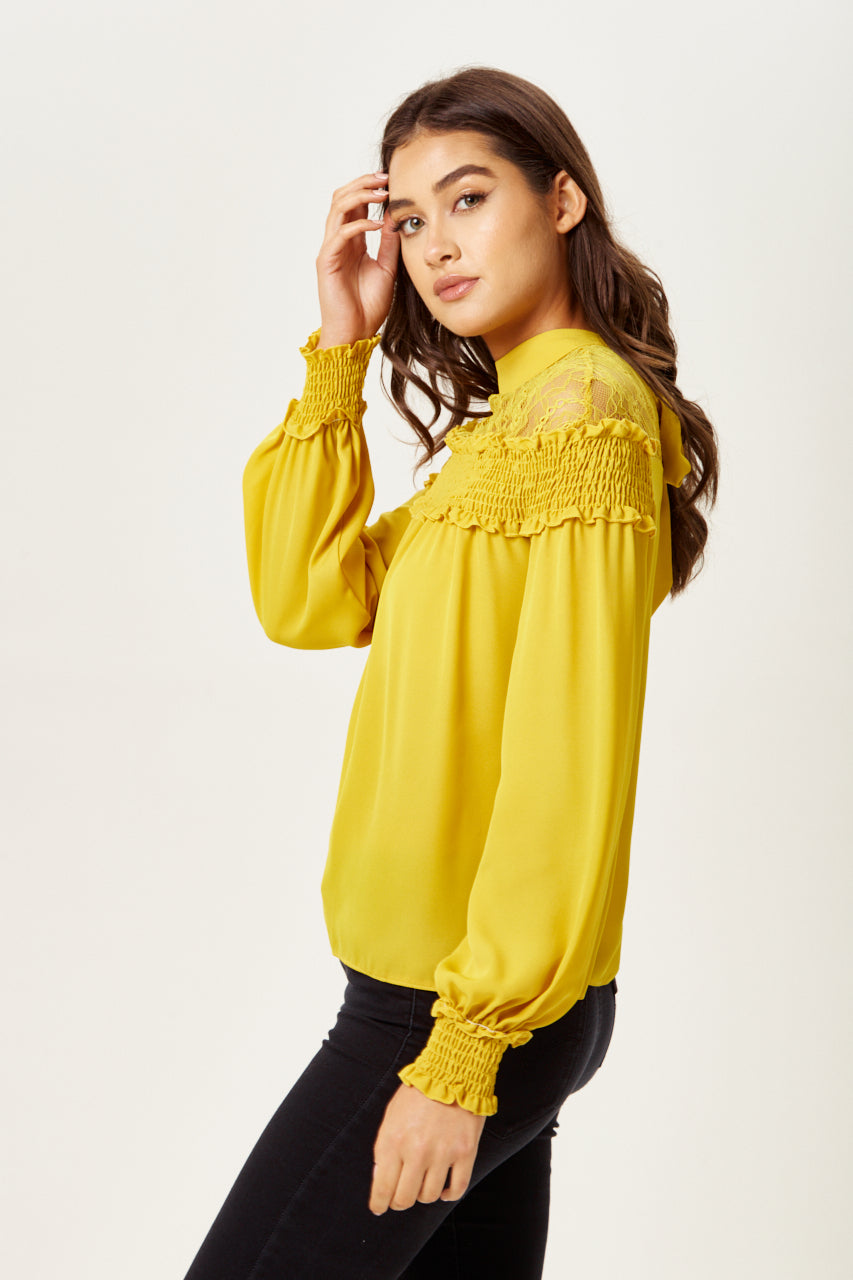Women's Mustard Long Sleeve Top with Lace Details, High Neck, Tie