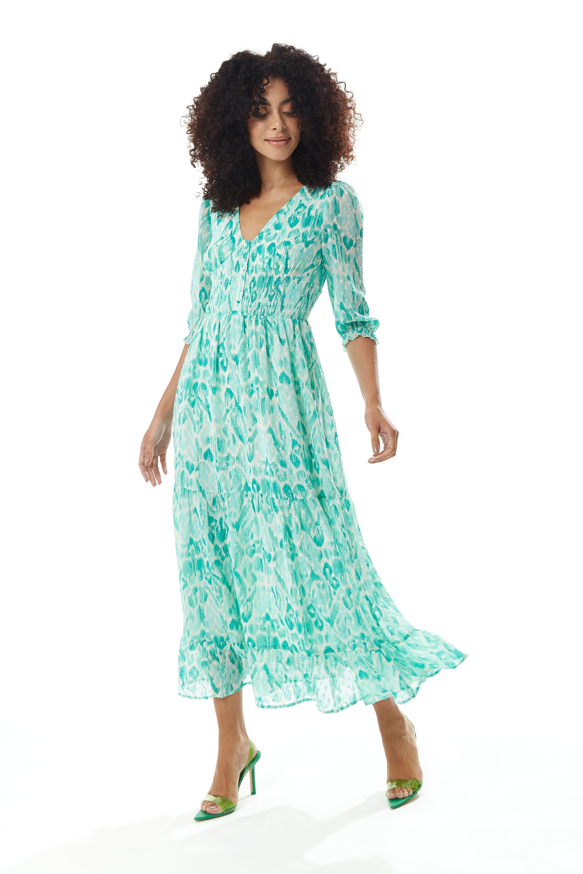 Women s Maxi Dress in Green and White with 3 4 Sleeves and Luxurious Chiffon Fabric Liquorish