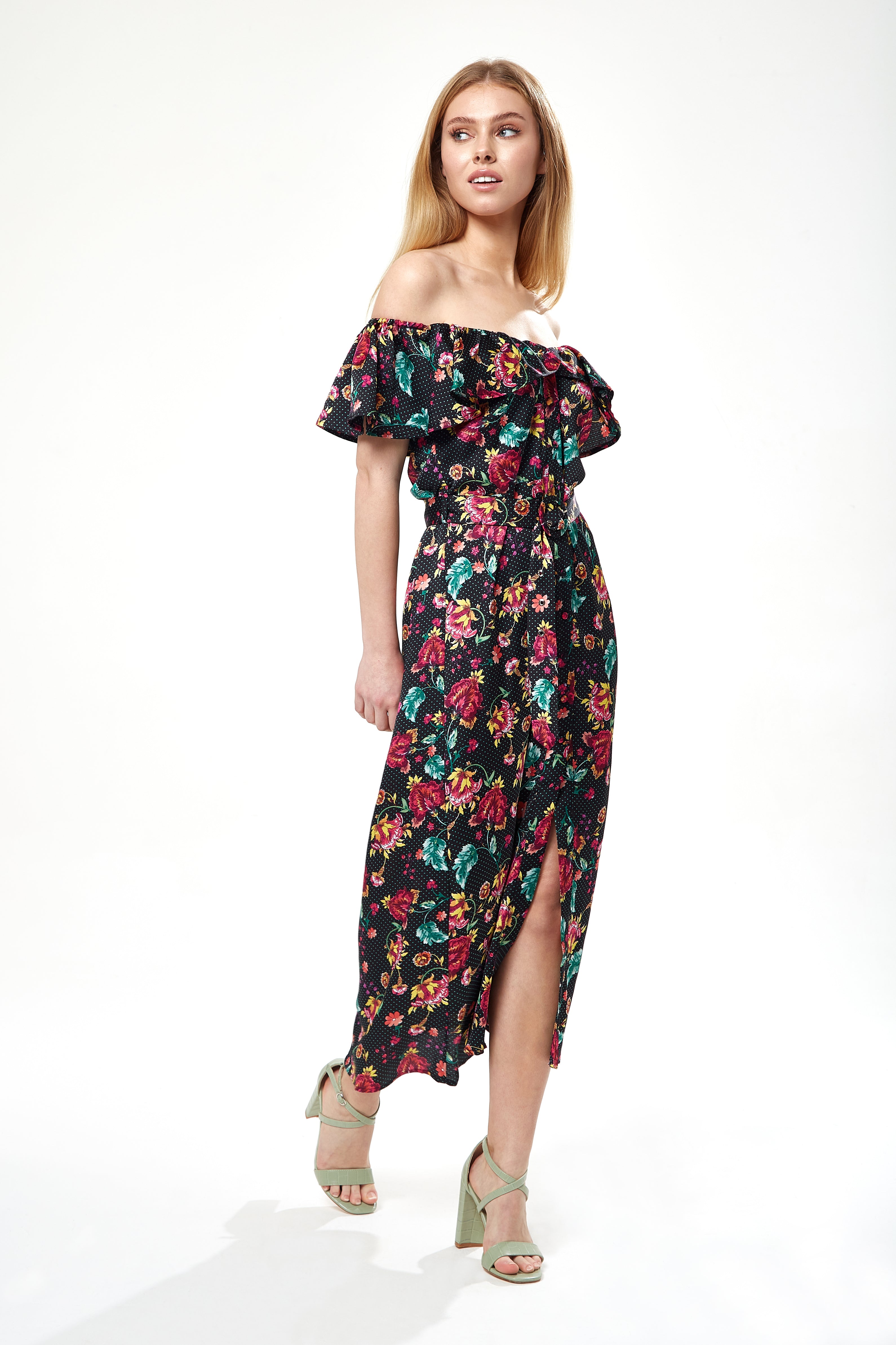 Women s Midi Dress with Off Shoulder Sleeves in Black Floral Print Liquorish