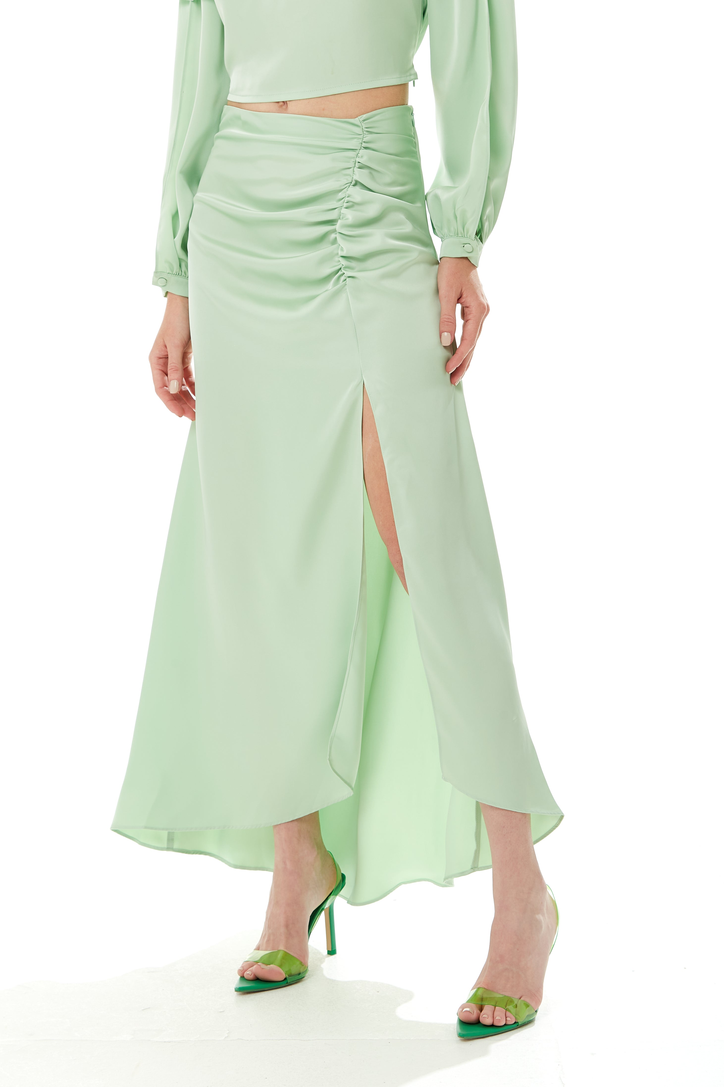 Liquorish gathered detail maxi skirt with a slit in mint green Liquorish Online