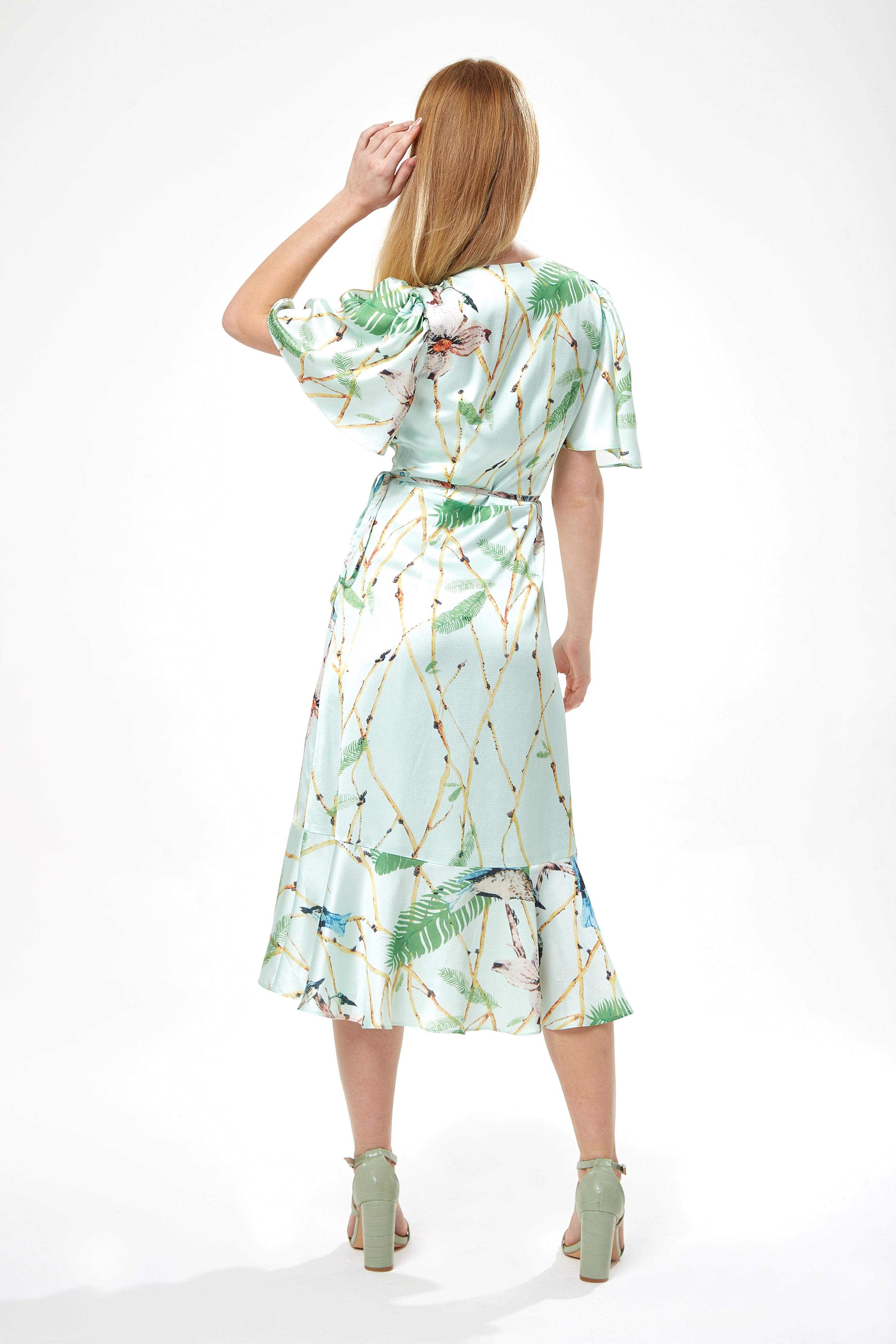 Mint green bird print sales wrap dress