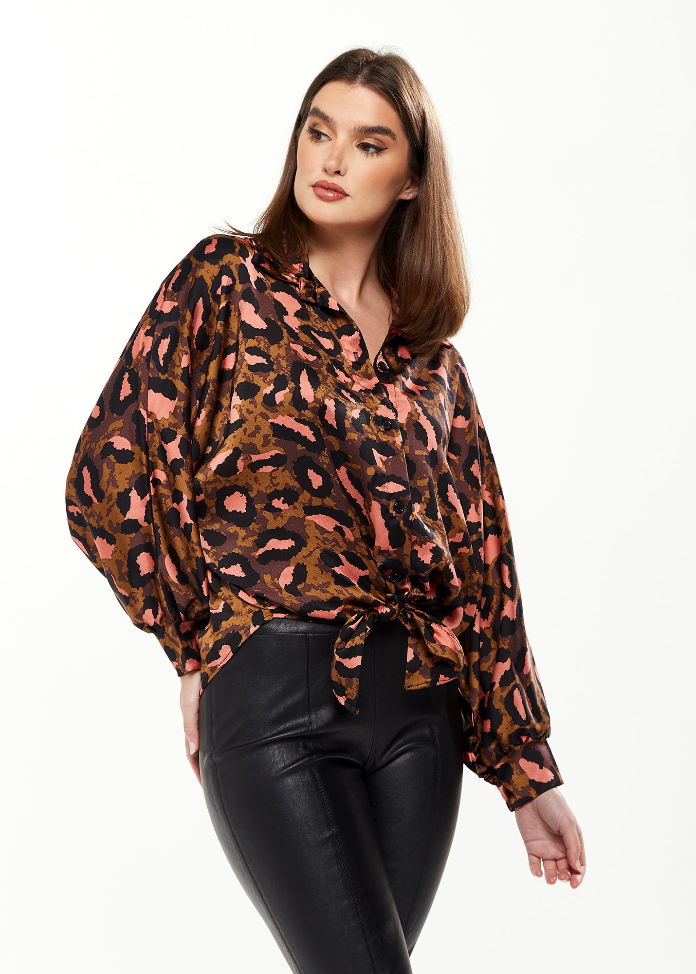 Leopard Jacquard Tie Waist Shirt with Collar, DIVINE GRACE