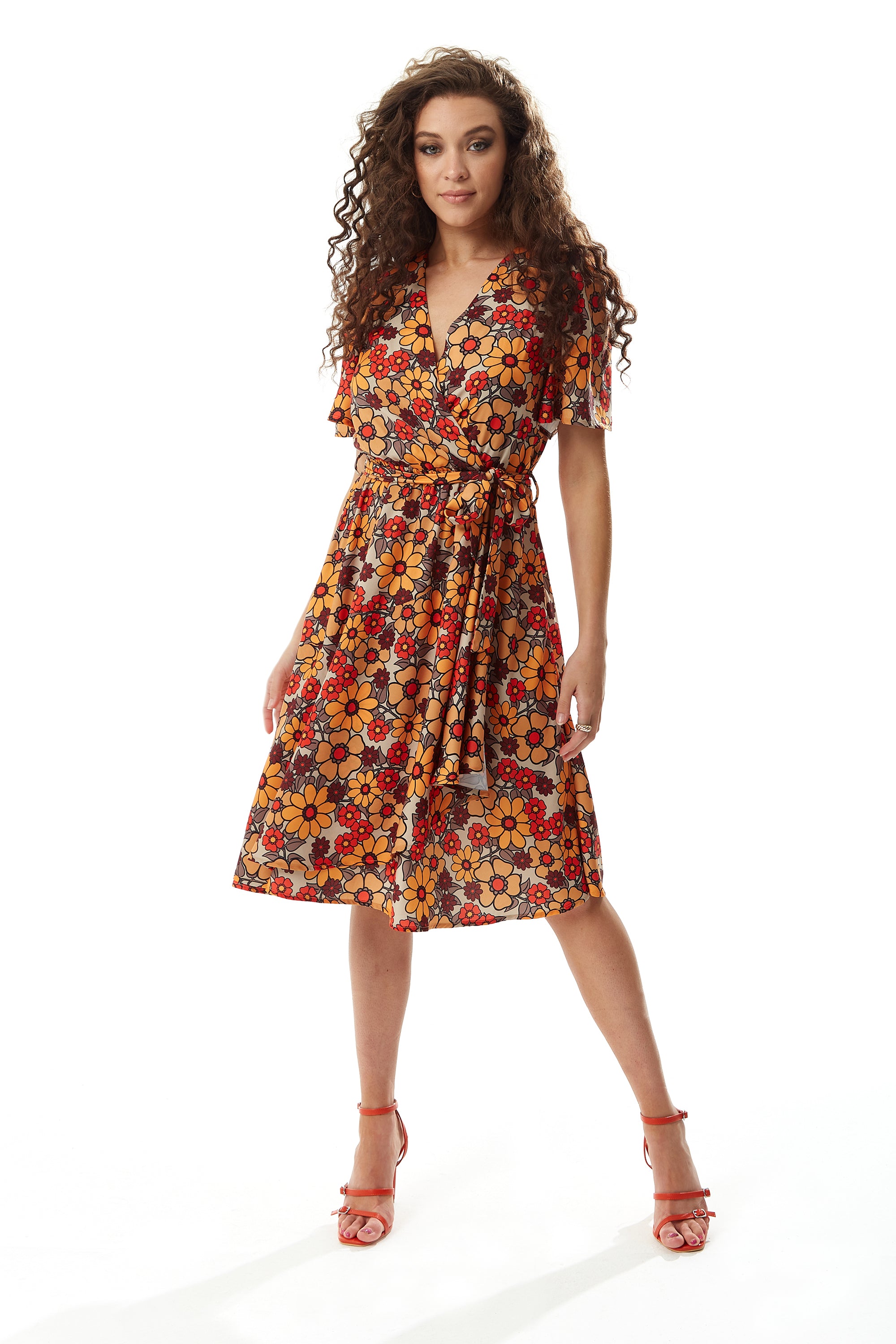 Women s Midi Wrap Dress in Vibrant Orange and Red Floral Print with Sh Liquorish Online