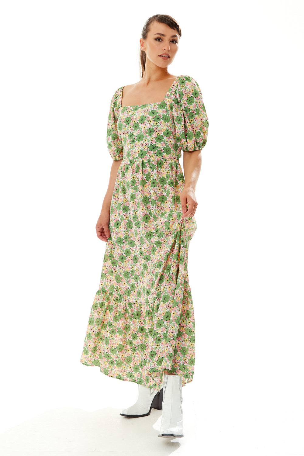 Liquorish Green Floral Maxi Dress with Cut out Back