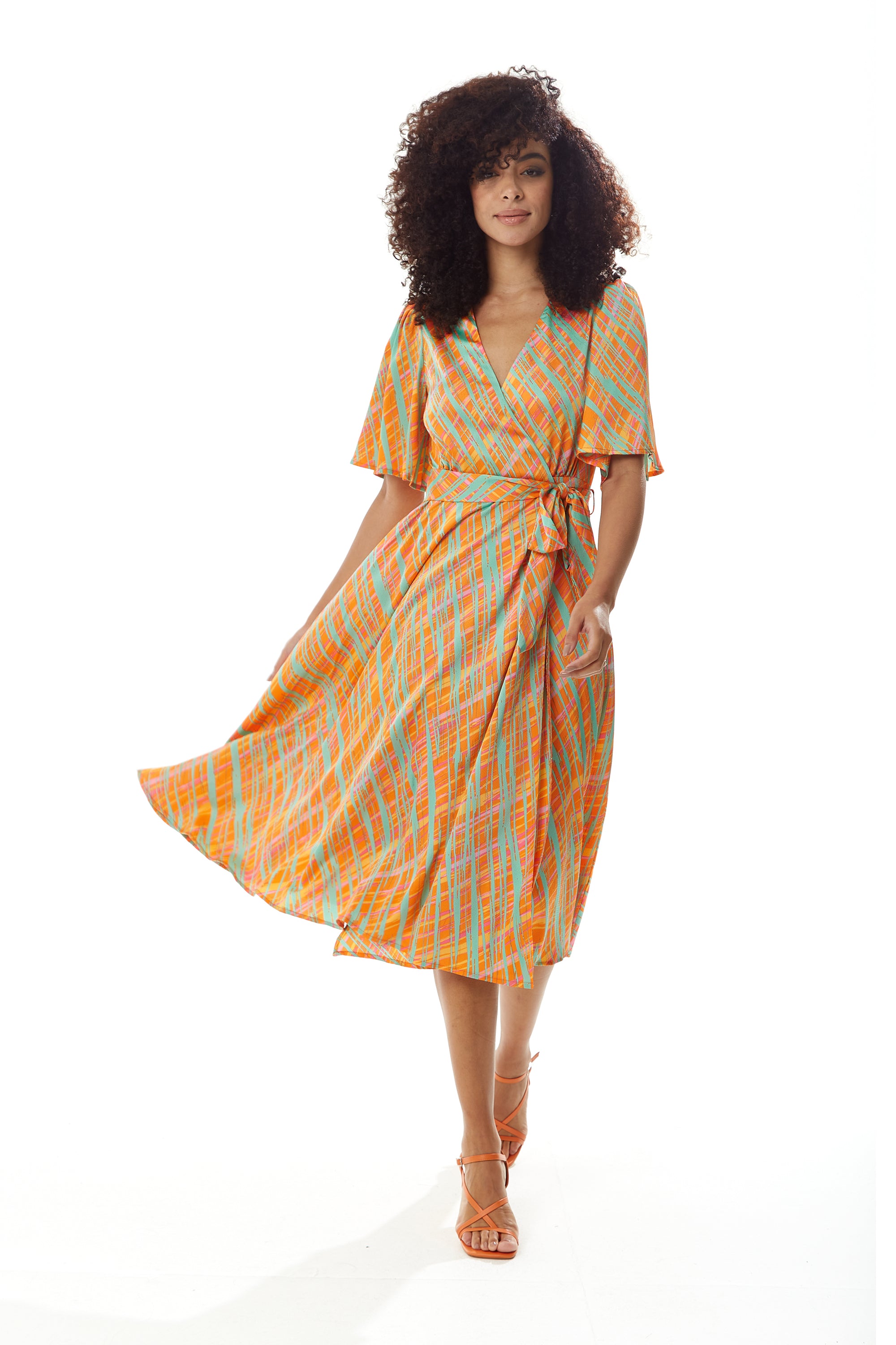 Women's Midi Wrap Dress in Orange Scribble Print with V Neck and