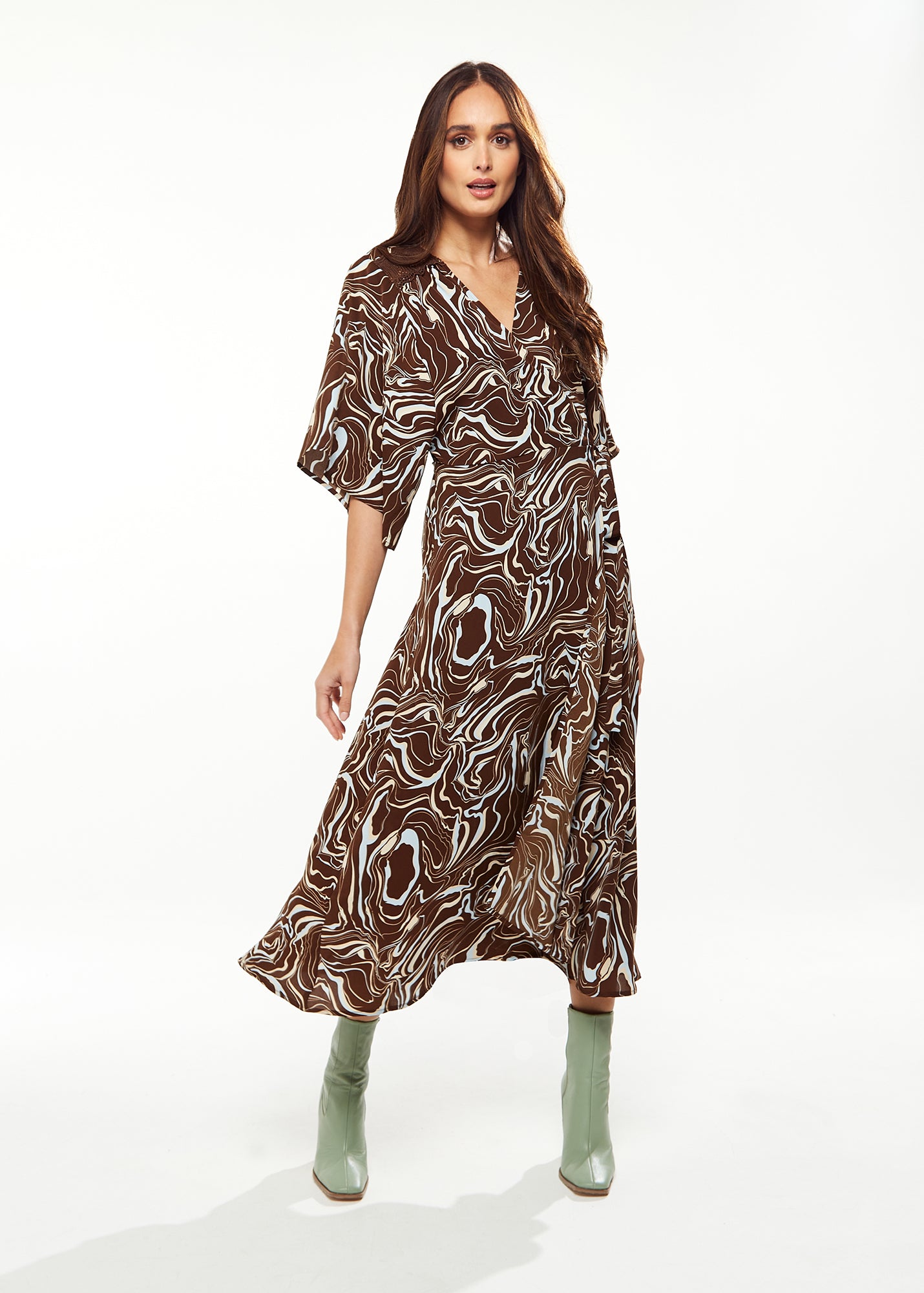 Women s Maxi Dress with Kimono Sleeves in Brown Scribble Print Wrap Liquorish Online