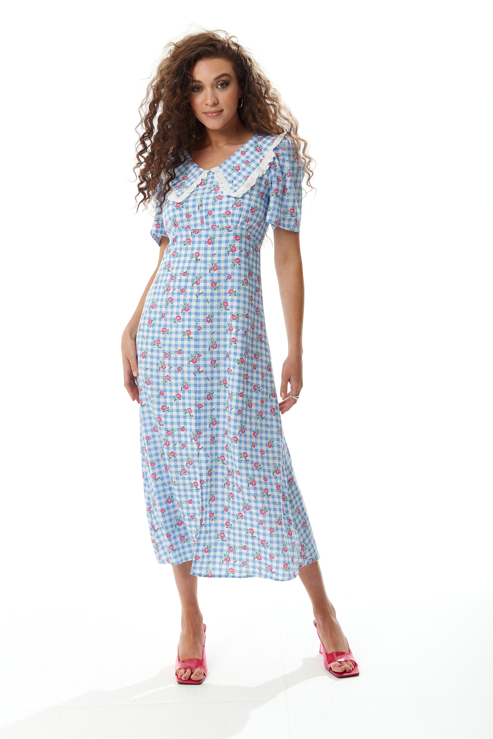 Women s Midi Dress in Blue and White Gingham with Floral Print and Trim Lace Collar Short Sleeves Liquorish