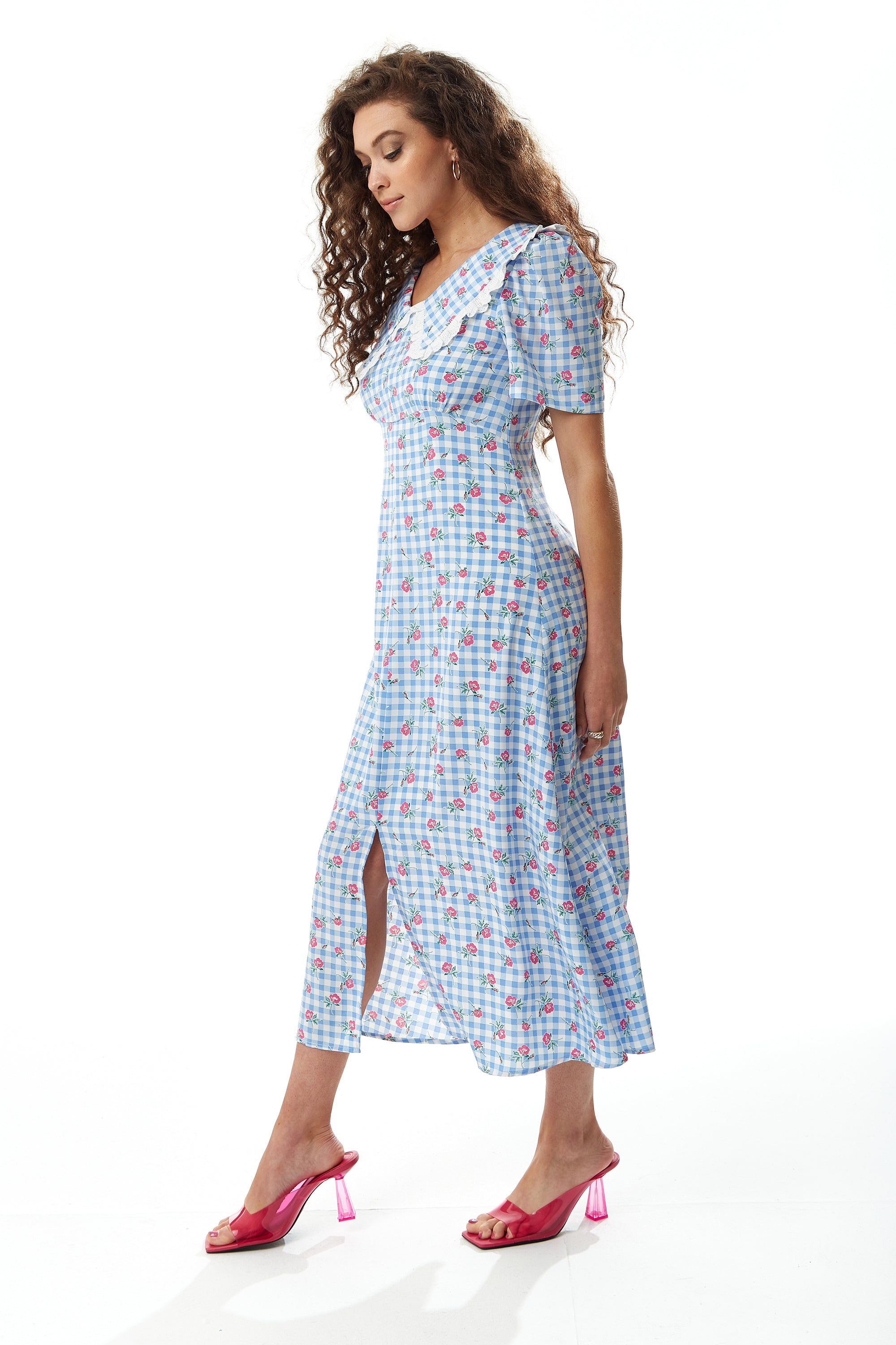 Women's Midi Dress in Blue and White Gingham with Floral Print and Tri