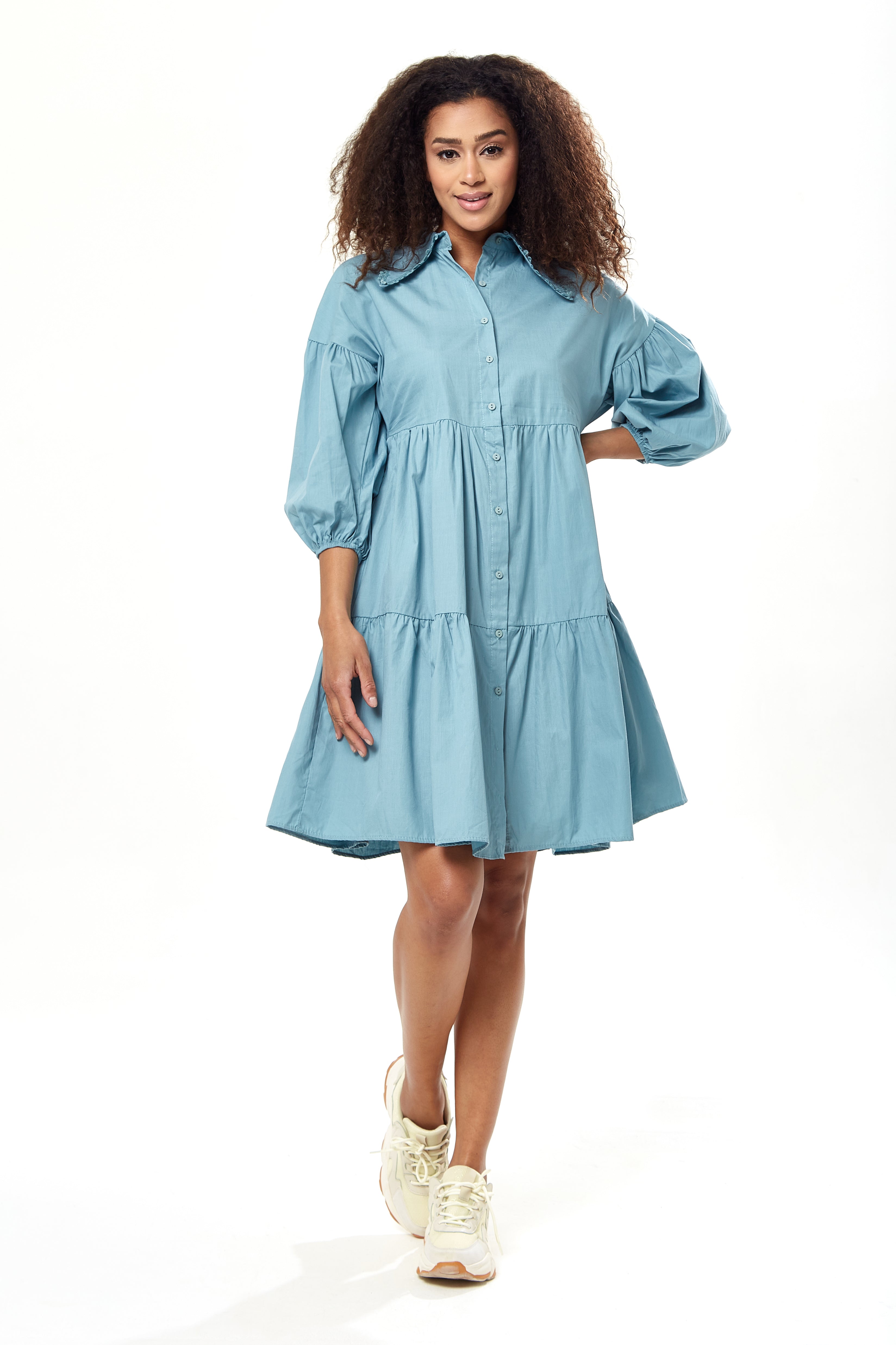 Women's Oversized Midi Shirt Dress, Blue, Button-Up Front, 3/4 Sleeve, – Liquorish Online Women's Oversized Midi Shirt Dress, Blue, Button-Up Front, 3/4 Sleeve, – Liquorish Online
