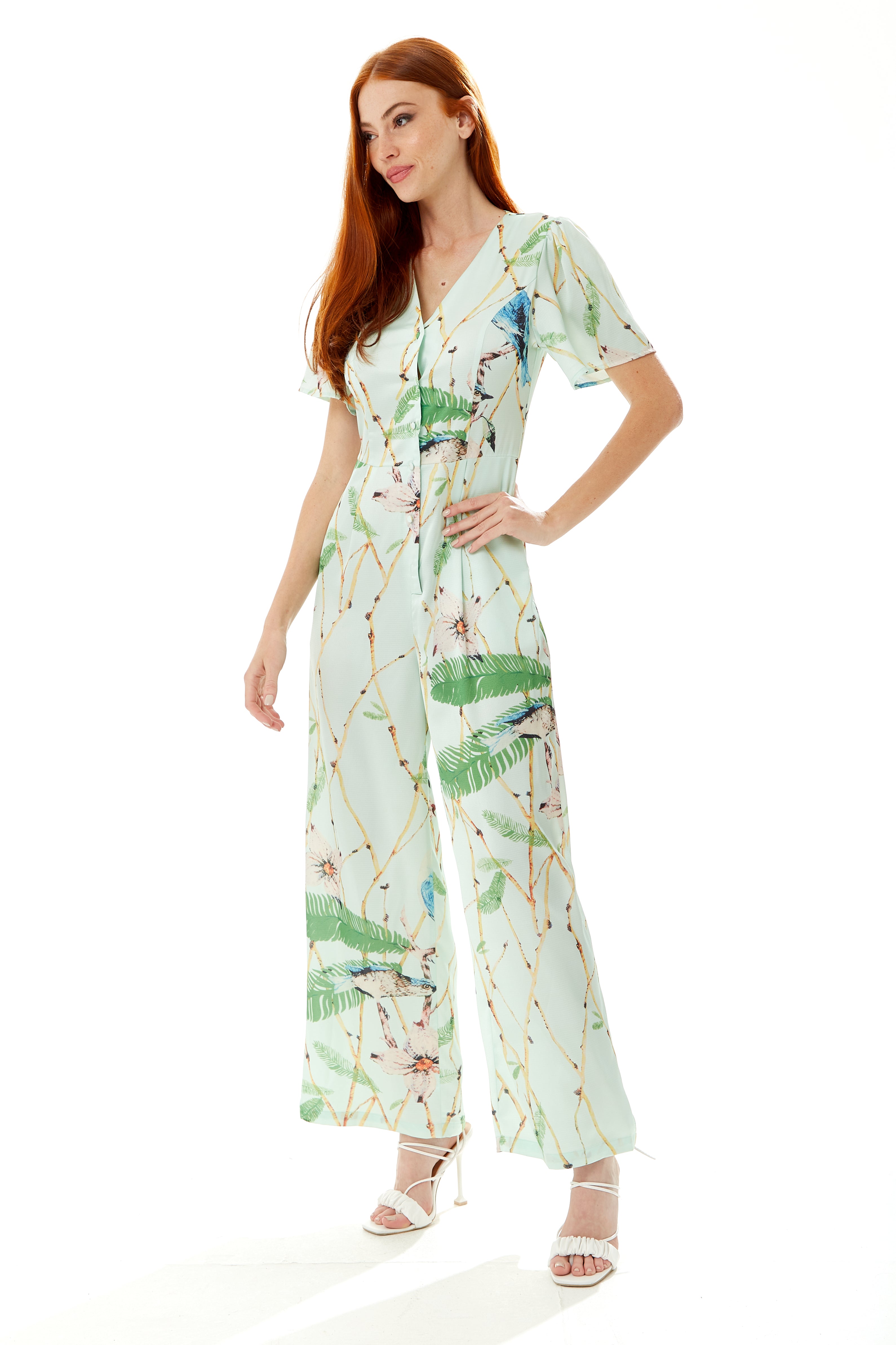 Liquorish Bird Print Jumpsuit in Mint Green Liquorish Online