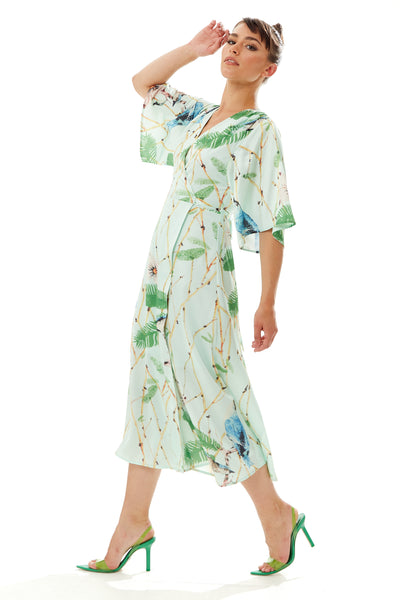 Mint green bird shop print wrap dress