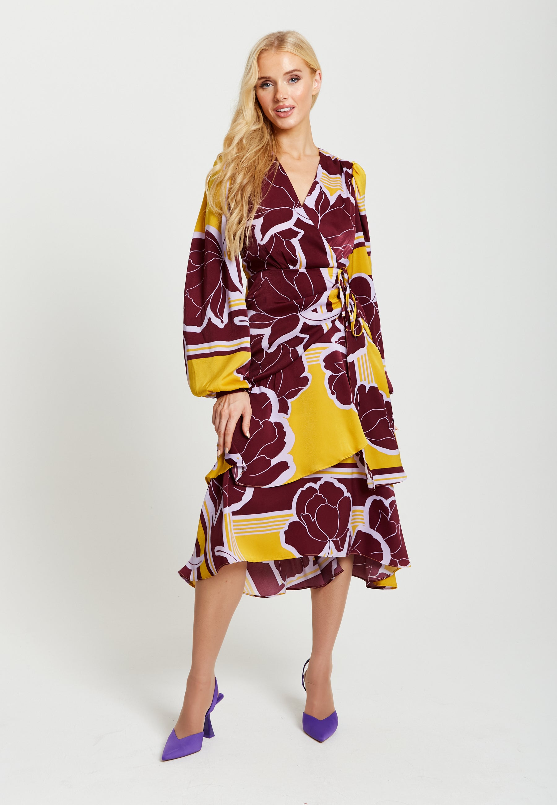 Women s Midi Wrap Dress in Mustard and Burgundy with Long Balloon Sleeves Elegant Satin by Liquorish