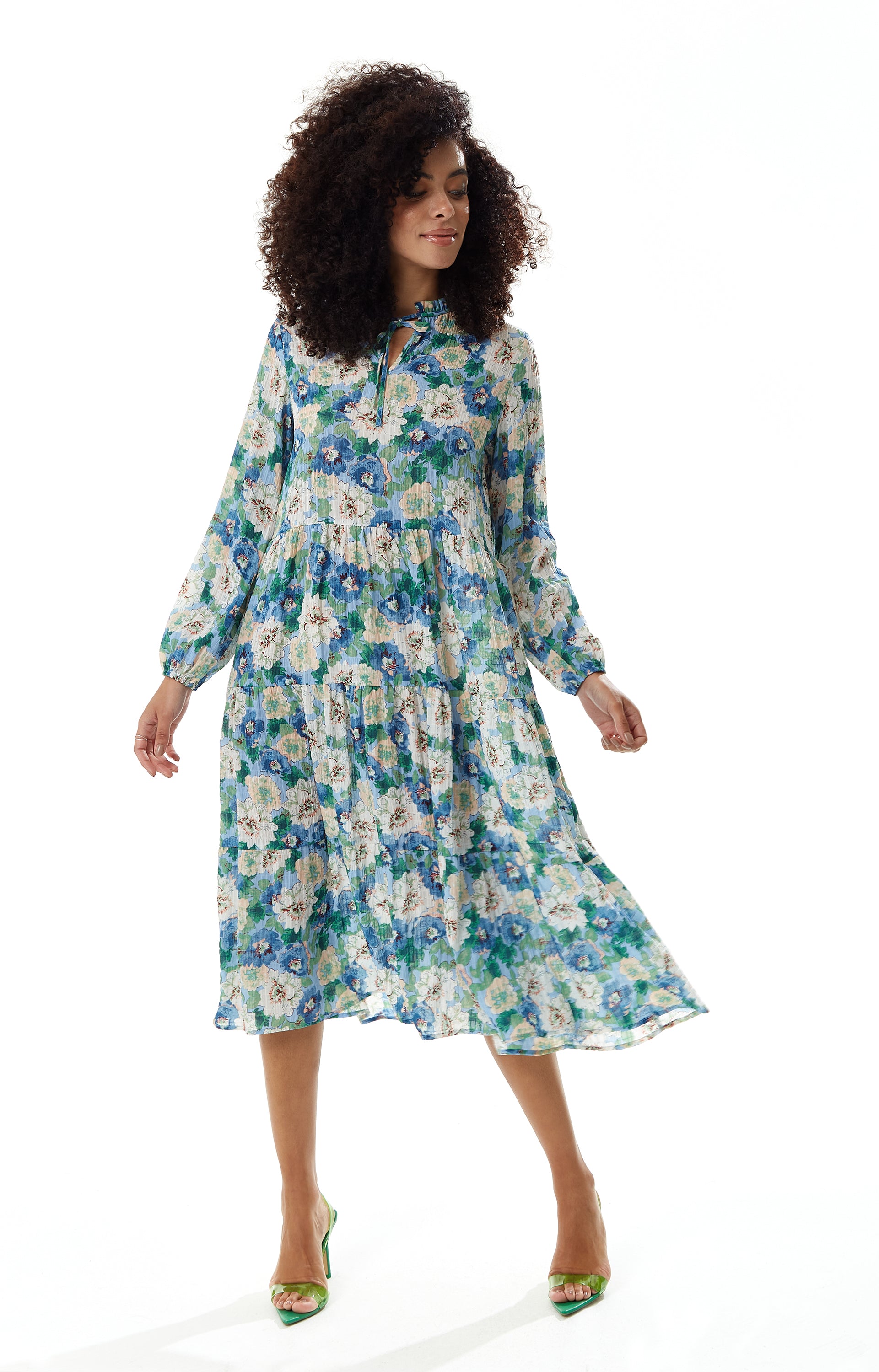 Women's Midi Dress with Long Sleeves - Divine Grace Blue Floral Smock Liquorish Online Women's Midi Dress with Long Sleeves - Divine Grace Blue Floral Smock Liquorish Online