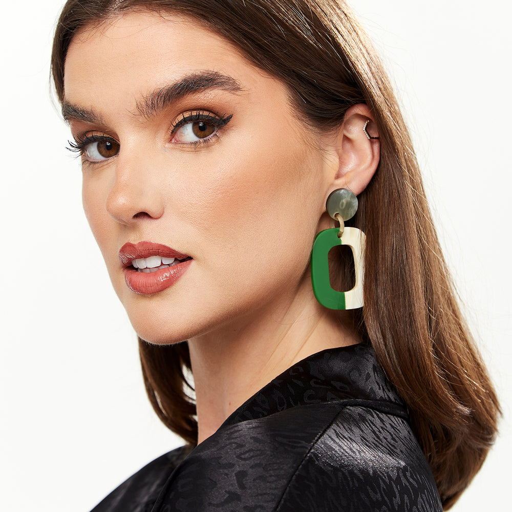 
                  
                    Divine Grace Square Hoops with Disc Detail in Green & White
                  
                