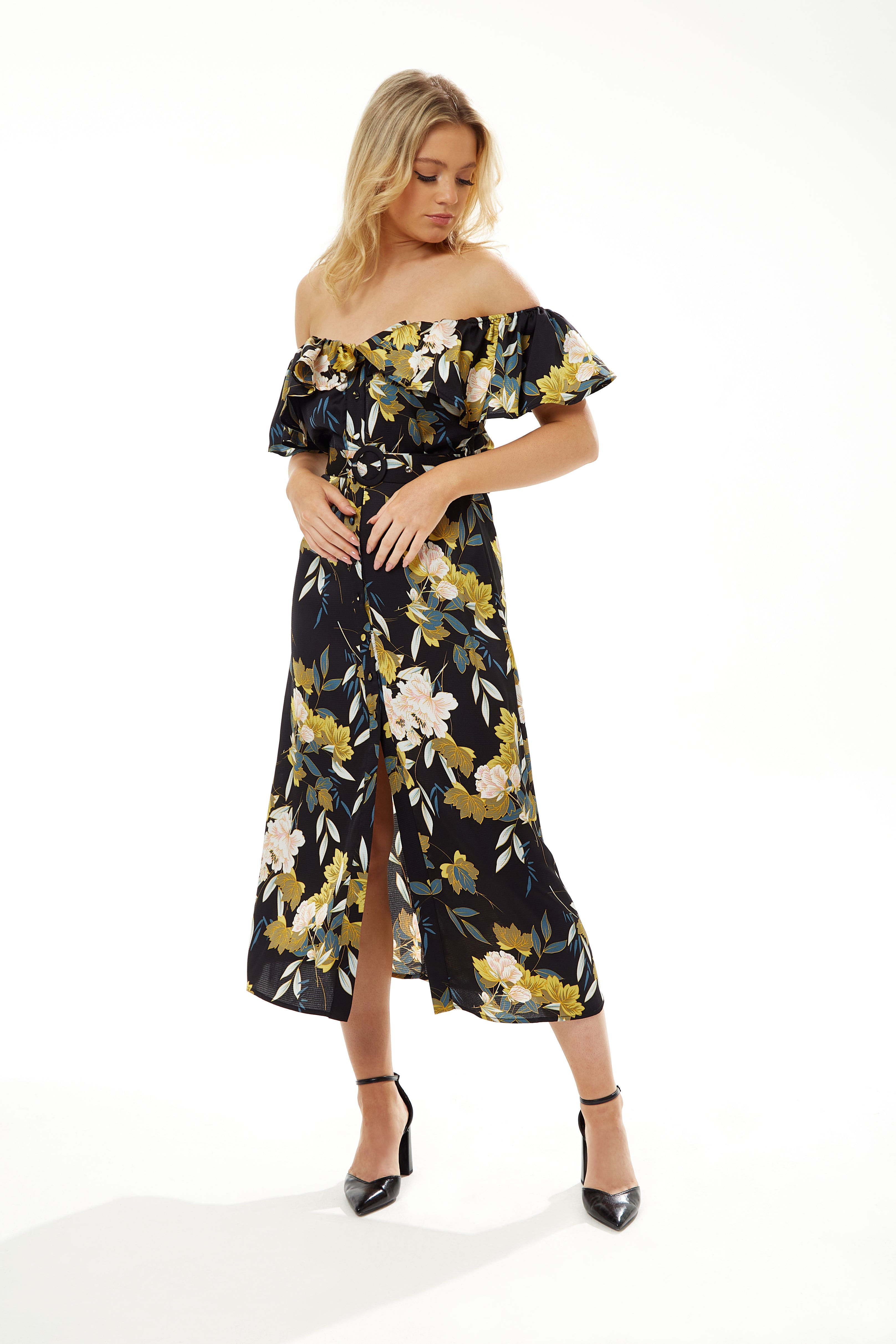 Women s Midi Dress with Off Shoulder Sleeves in Navy Floral Print Li Liquorish Online