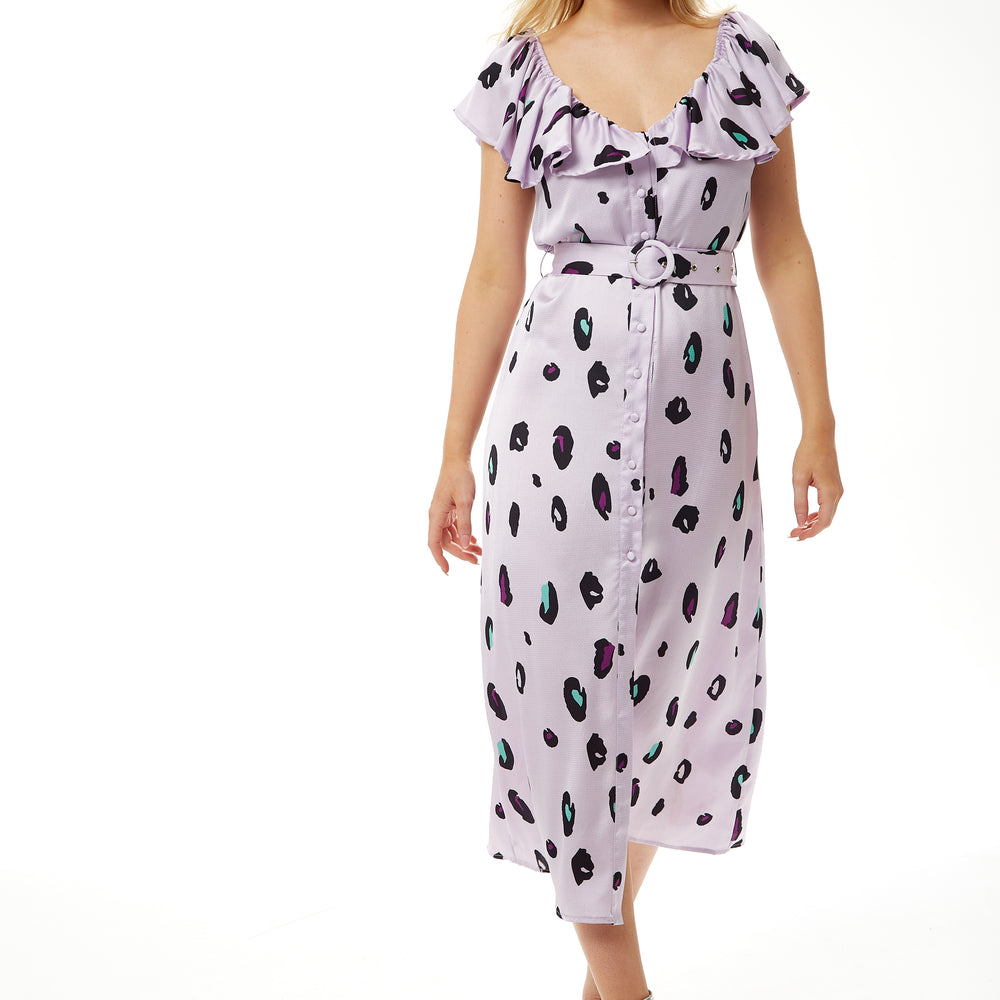 
                  
                    Liquorish Belted Midi Dress with Off Shoulder Sleeves in Lilac Animal Print
                  
                