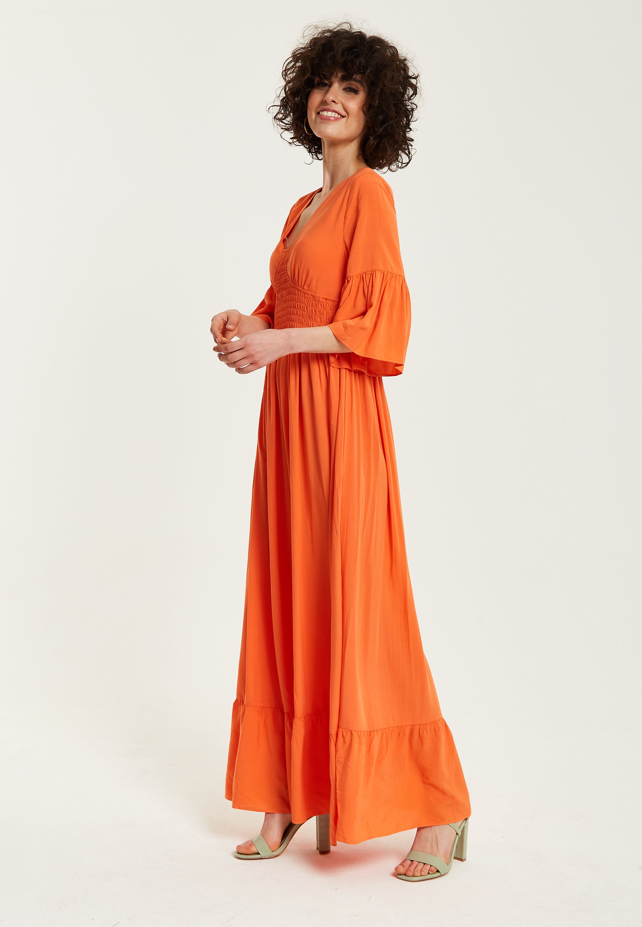 Women's Maxi Dress - Vibrant Orange with Frill Sleeves - Elegant V-Nec Liquorish Online Women's Maxi Dress - Vibrant Orange with Frill Sleeves - Elegant V-Nec Liquorish Online