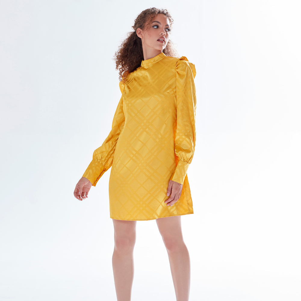
                  
                    Liquorish Check Jacquard Mini Dress With High Neck & Puff Sleeve Details In Mustard
                  
                