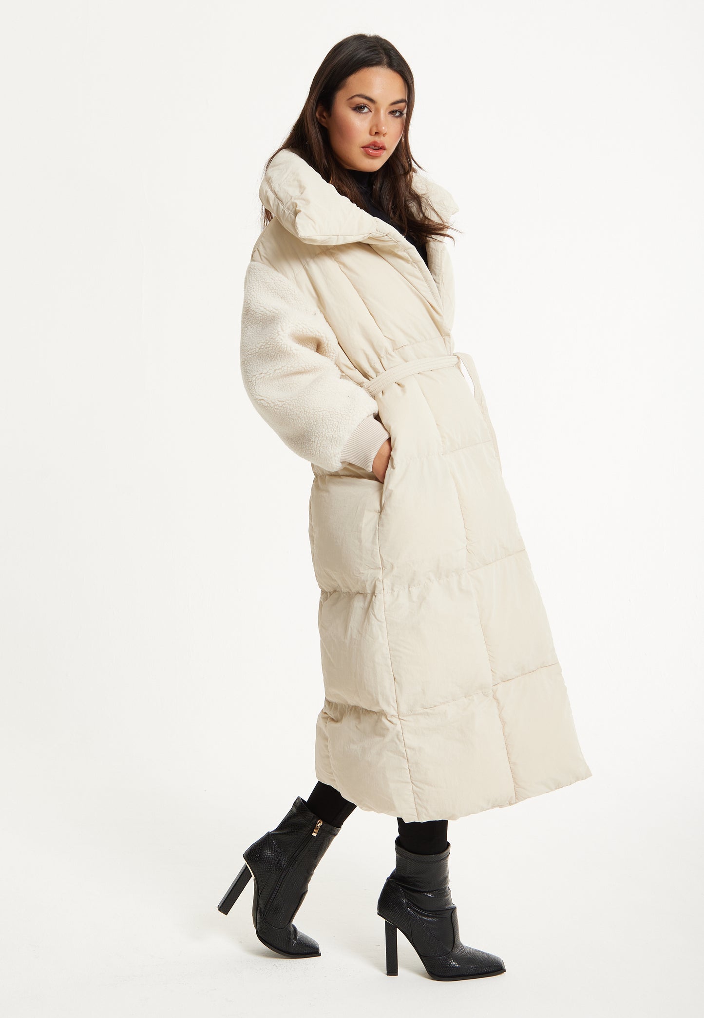 
                  
                    Cream Longline Belted Puffer Coat
                  
                