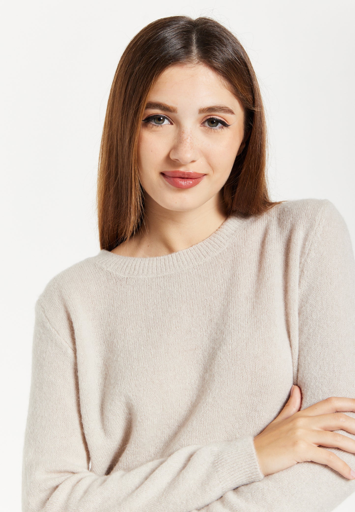 
                  
                    Liquorish Women's Jumper in Stone - Round Neck Super Soft Alpaca Knit with Long Sleeves for Ultimate Comfort and Style
                  
                