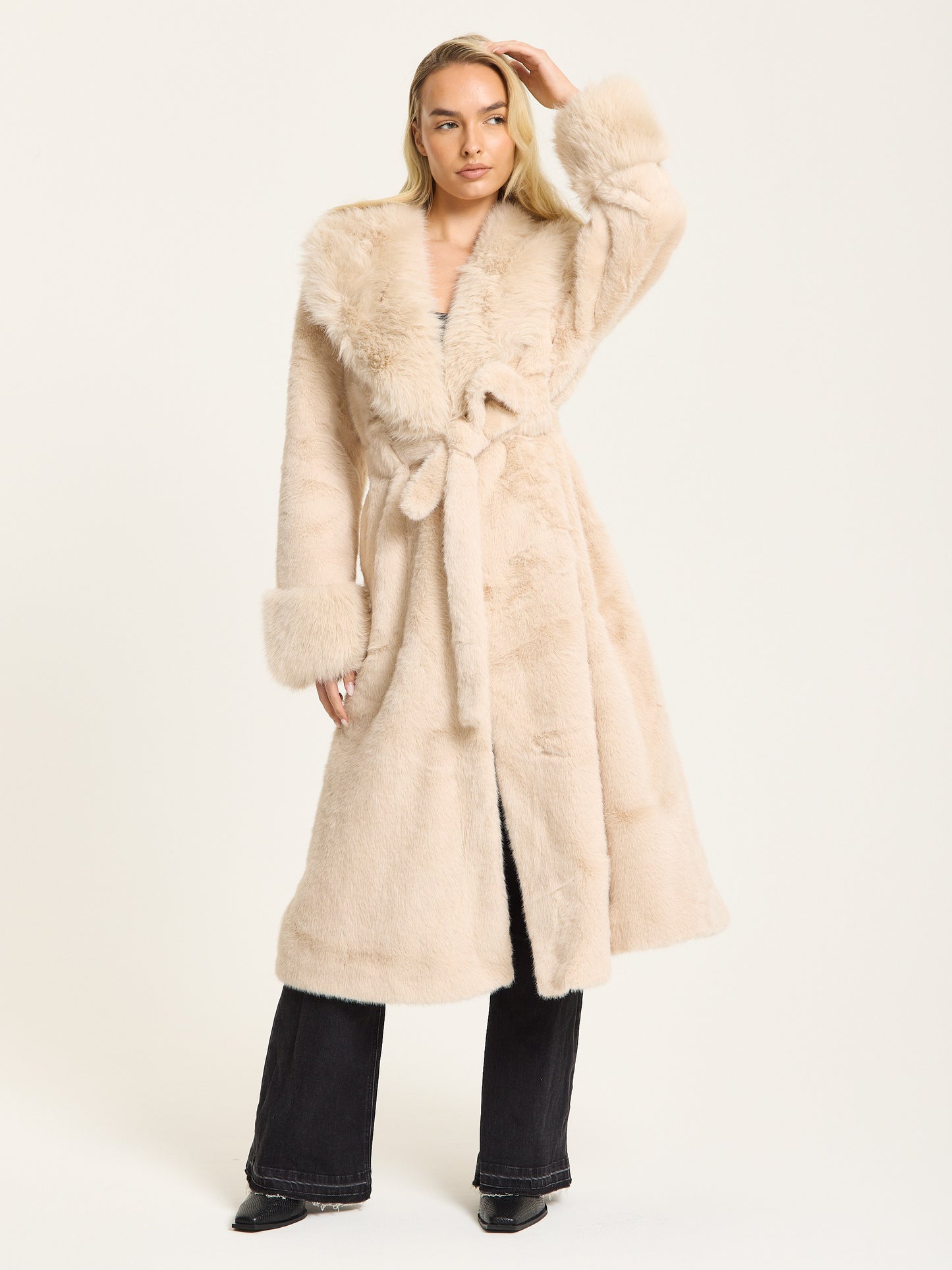 
                  
                    Beige Longline Faux Fur Coat
                  
                