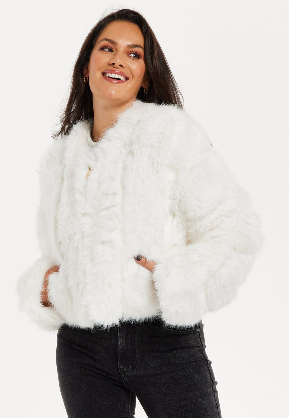 Liquorish White Cropped Jacket with Zip Detail