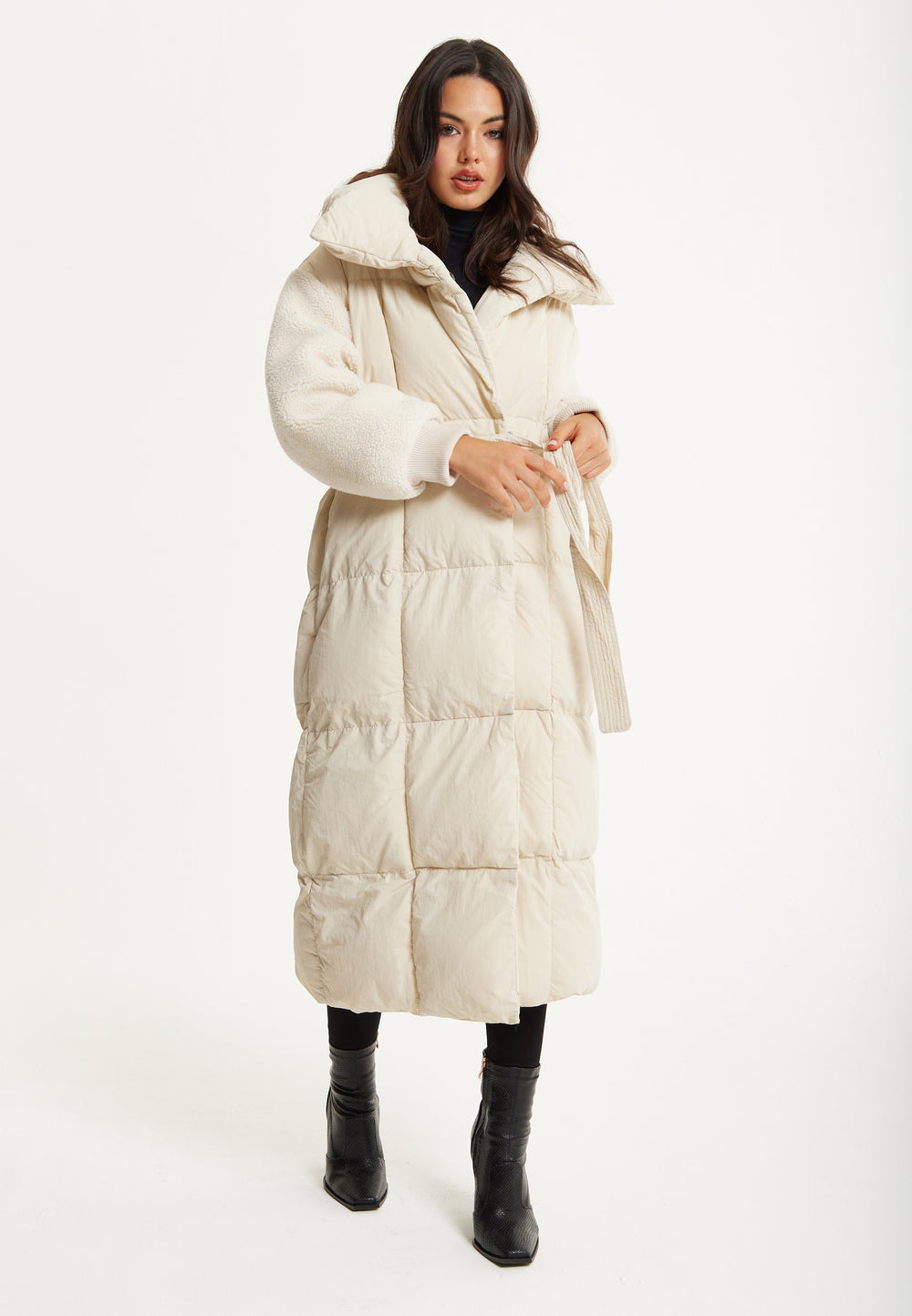 Cream Longline Belted Puffer Coat