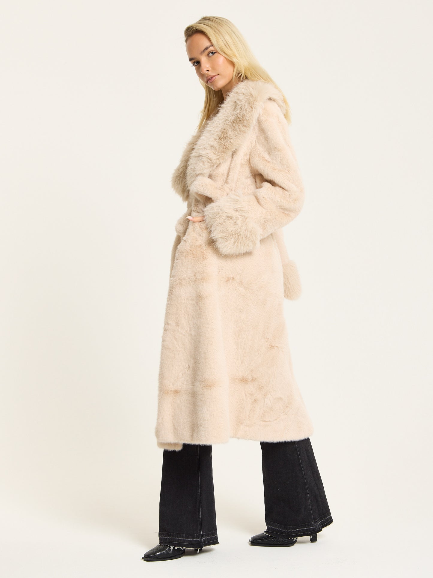 
                  
                    Beige Longline Faux Fur Coat
                  
                