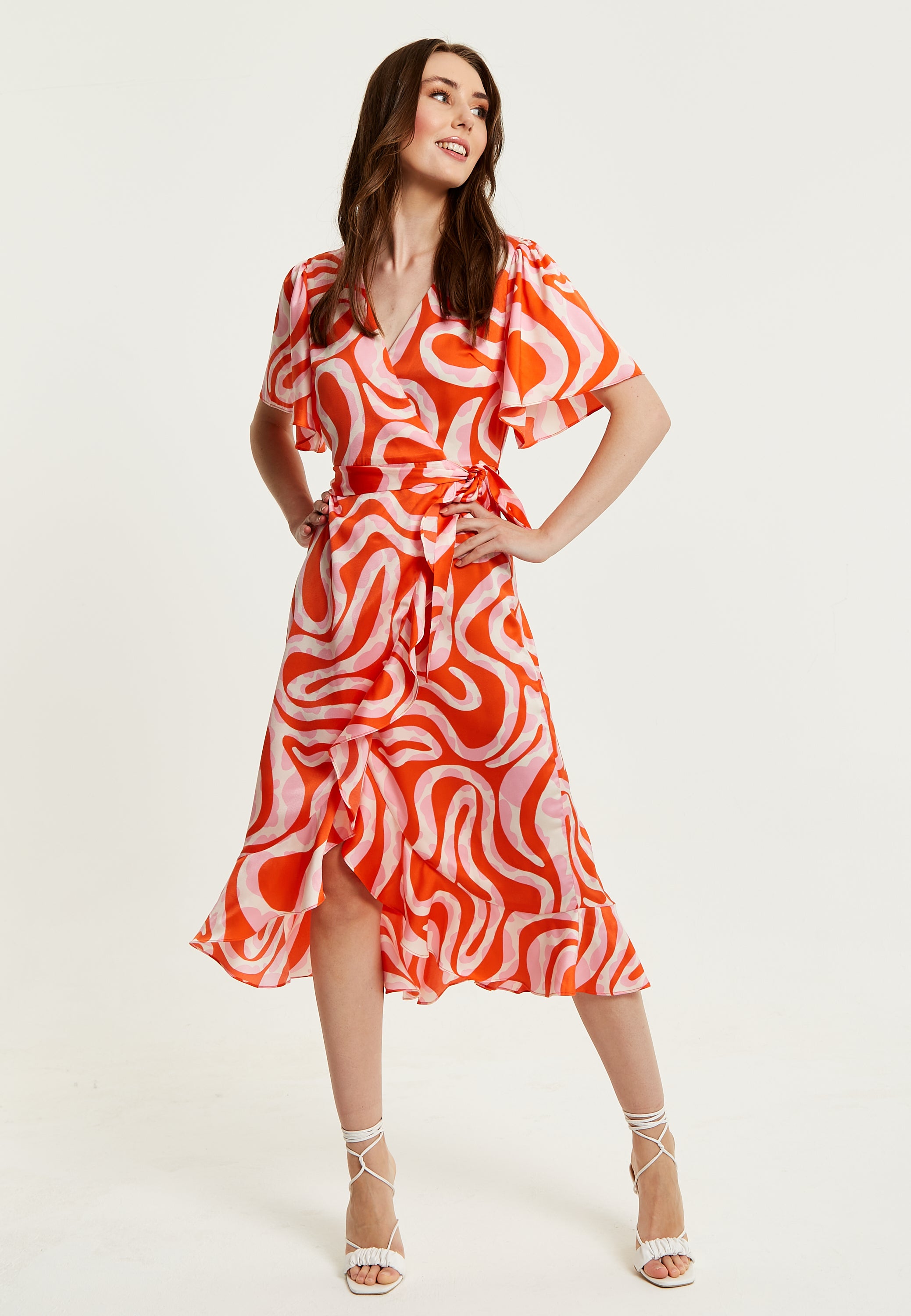 Liquorish Pink And Red Abstract Print Midi Wrap Dress – Liquorish Online