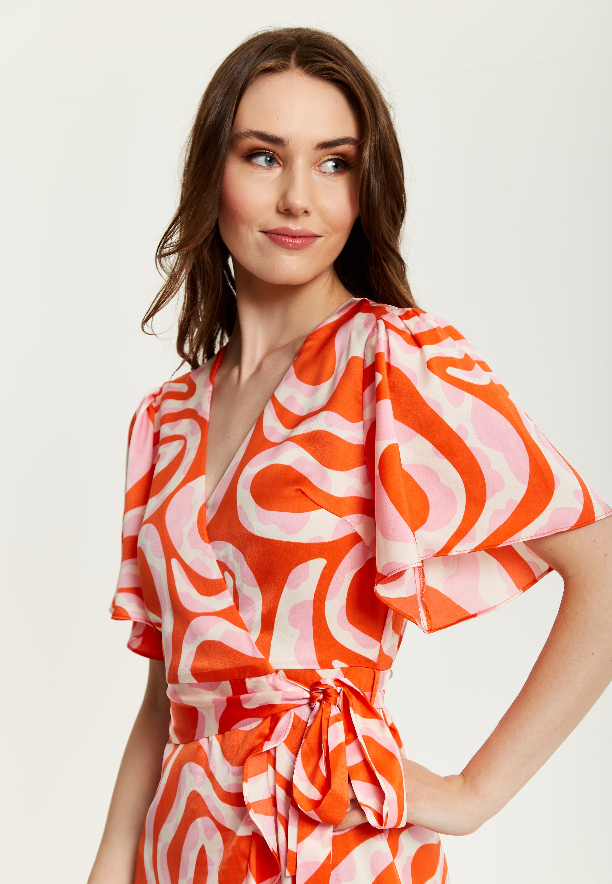 Liquorish Pink And Red Abstract Print Midi Wrap Dress – Liquorish Online