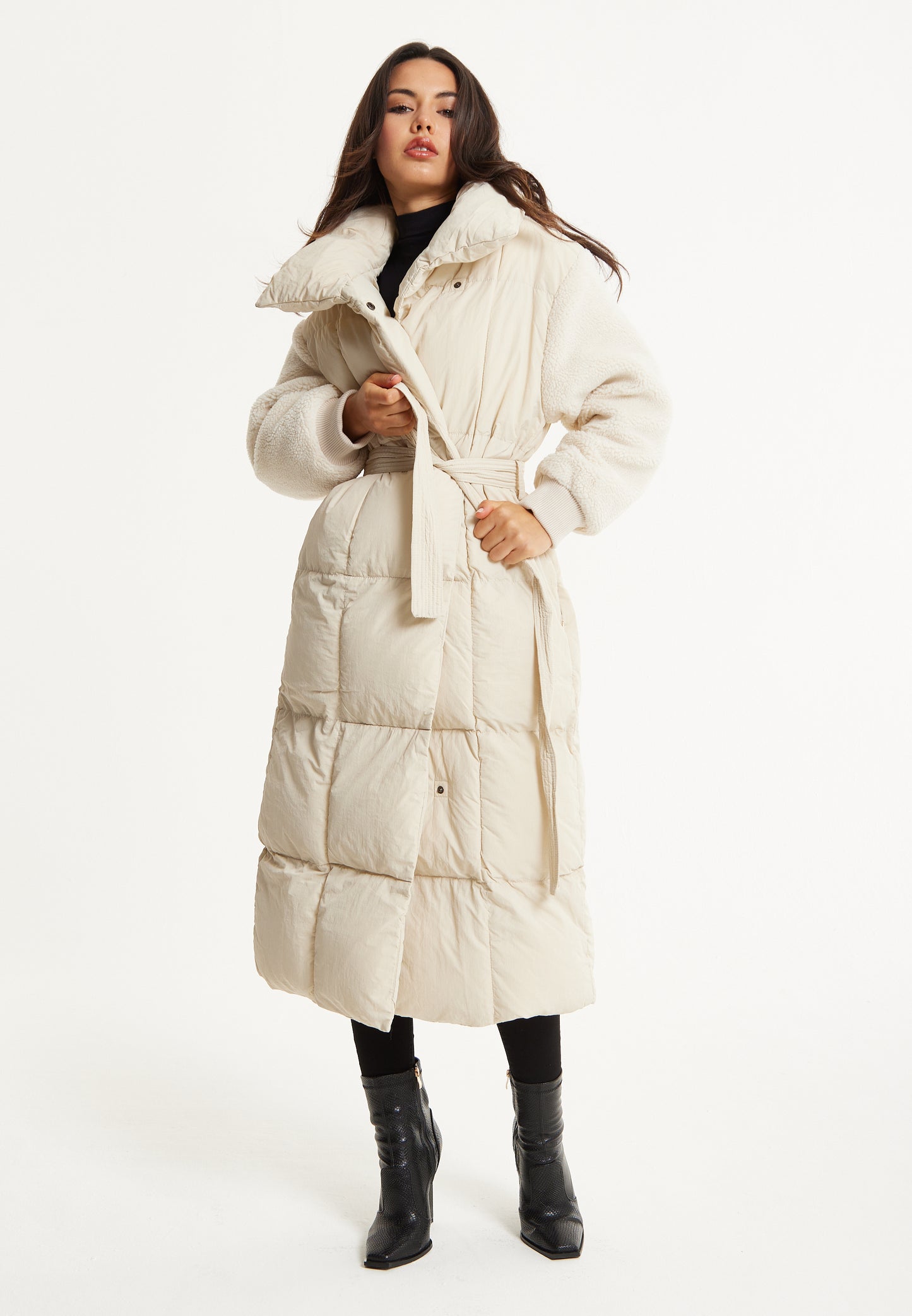
                  
                    Cream Longline Belted Puffer Coat
                  
                