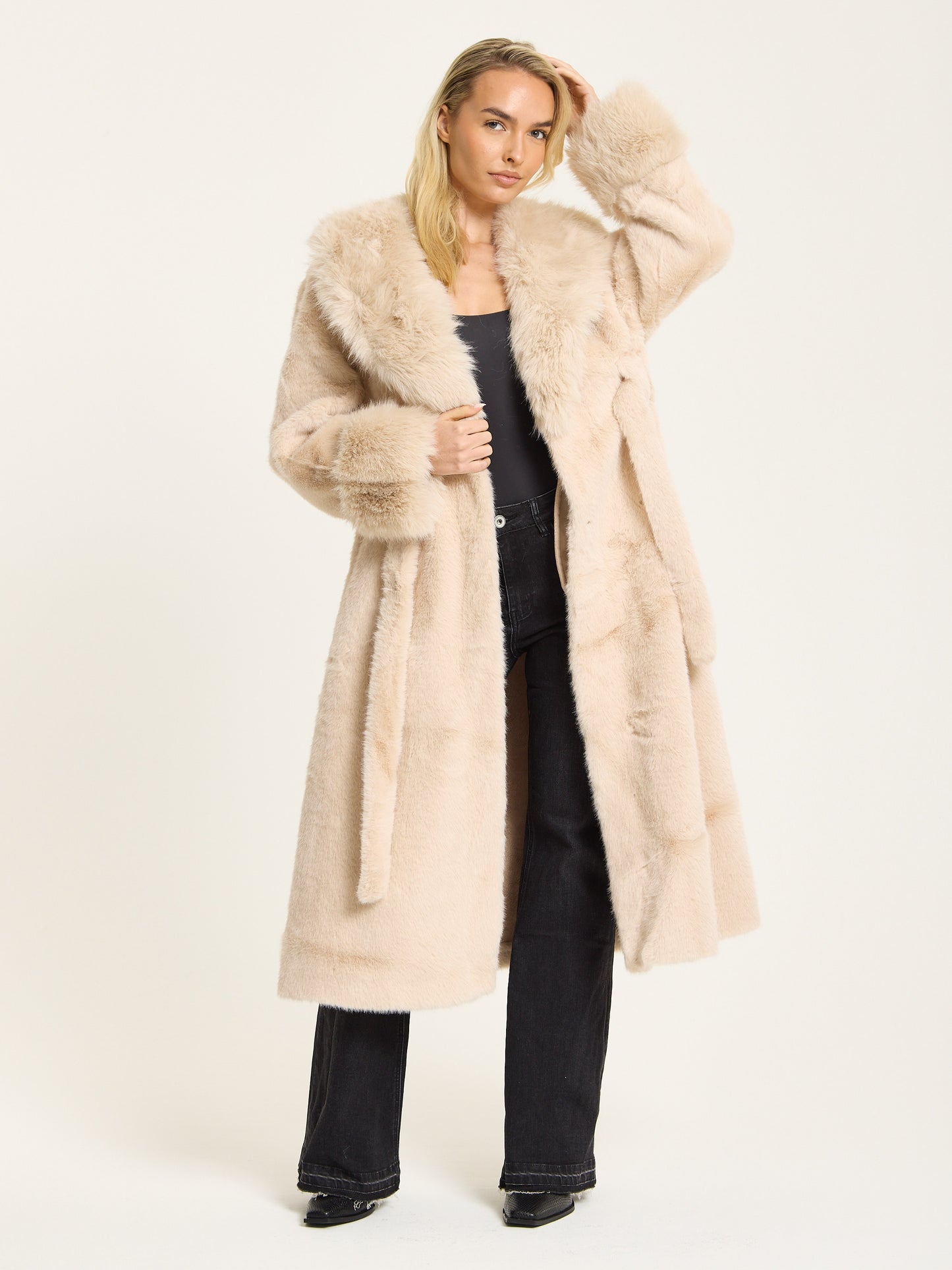 
                  
                    Beige Longline Faux Fur Coat
                  
                