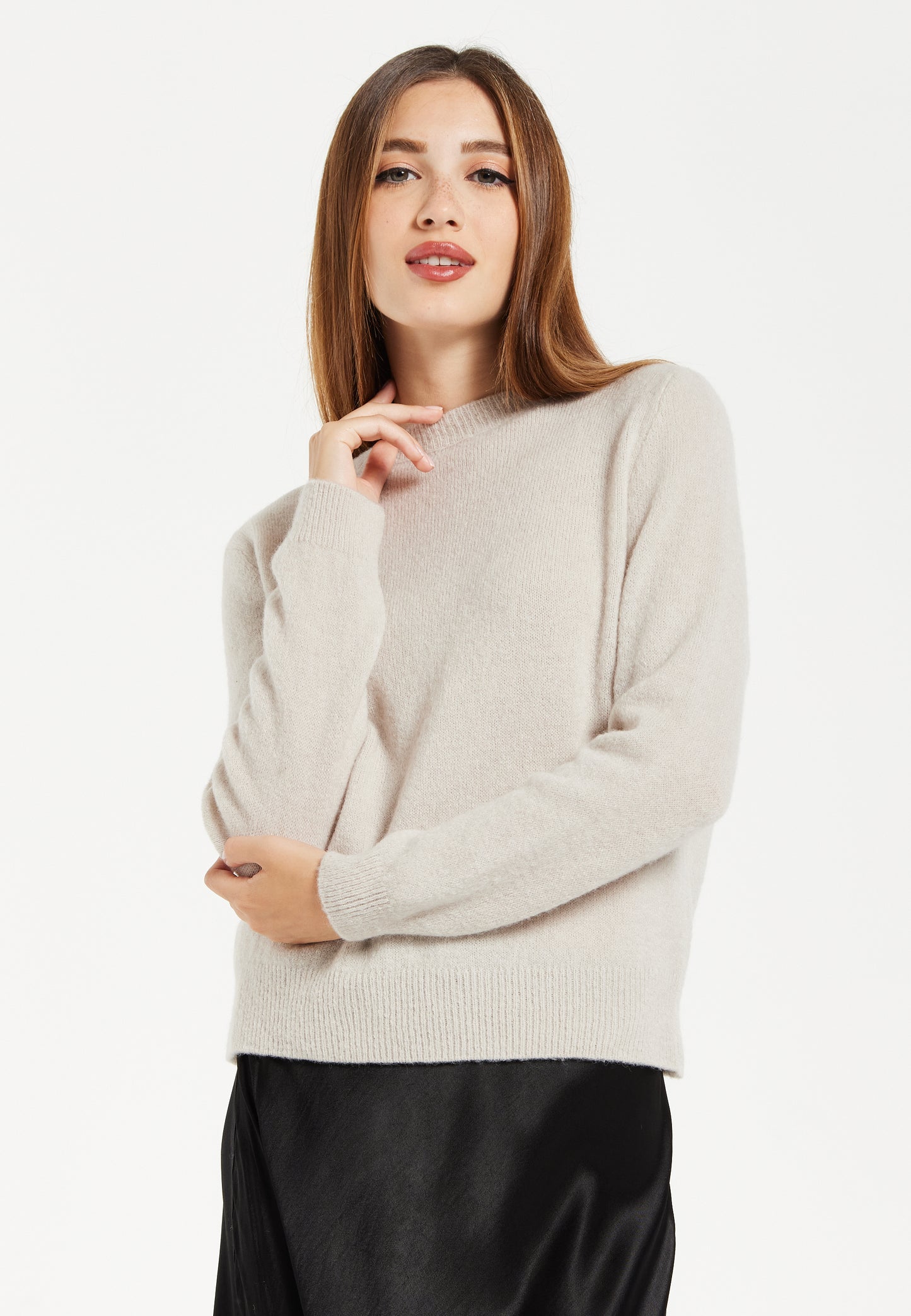 
                  
                    Liquorish Women's Jumper in Stone - Round Neck Super Soft Alpaca Knit with Long Sleeves for Ultimate Comfort and Style
                  
                