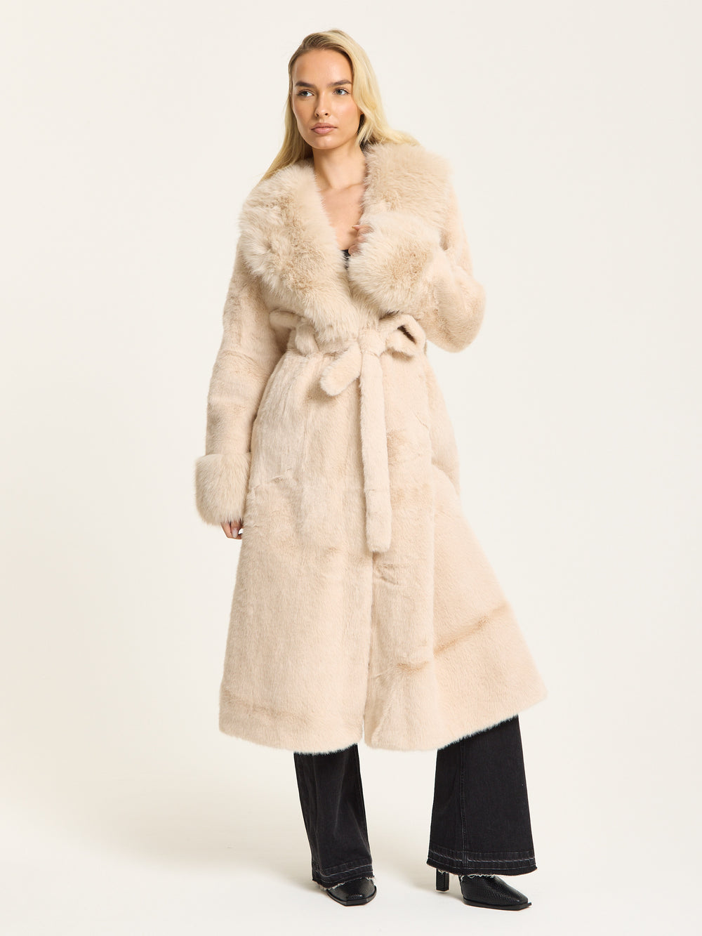 Beige Longline Faux Fur Coat