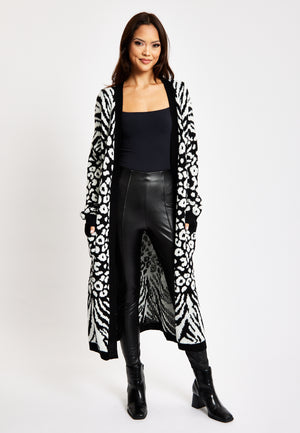 Liquorish Mono Zebra And Animal Pattern Longline Cardigan
