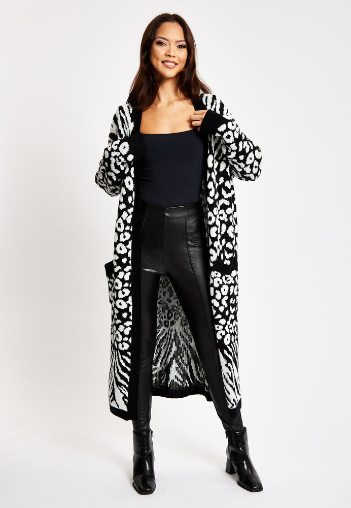 Liquorish Mono Zebra And Animal Pattern Longline Cardigan