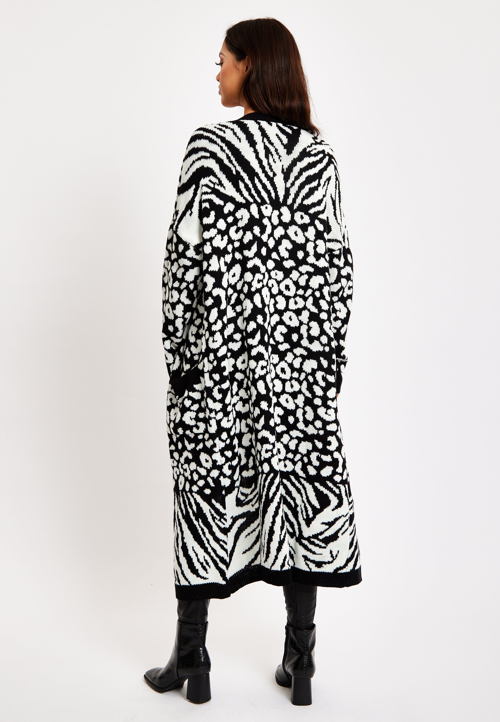 Women's Longline Cardigan in Black and White Zebra Pattern, Long Sleeves, Open Front Design Liquorish