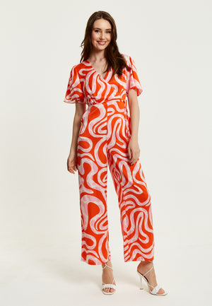 Liquorish Pink And Red Abstract Print Jumpsuit With Short Sleeves