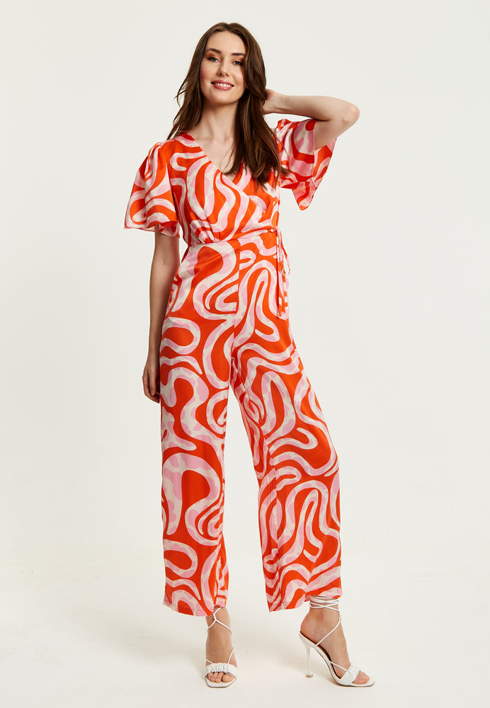 Liquorish Pink And Red Abstract Print Jumpsuit With Short Sleeves
