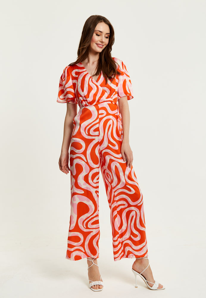 Liquorish Pink And Red Abstract Print Jumpsuit With Short Sleeves
