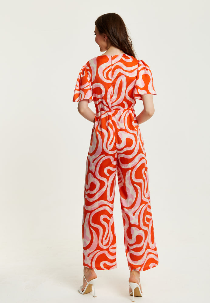 Liquorish Pink And Red Abstract Print Jumpsuit With Short Sleeves