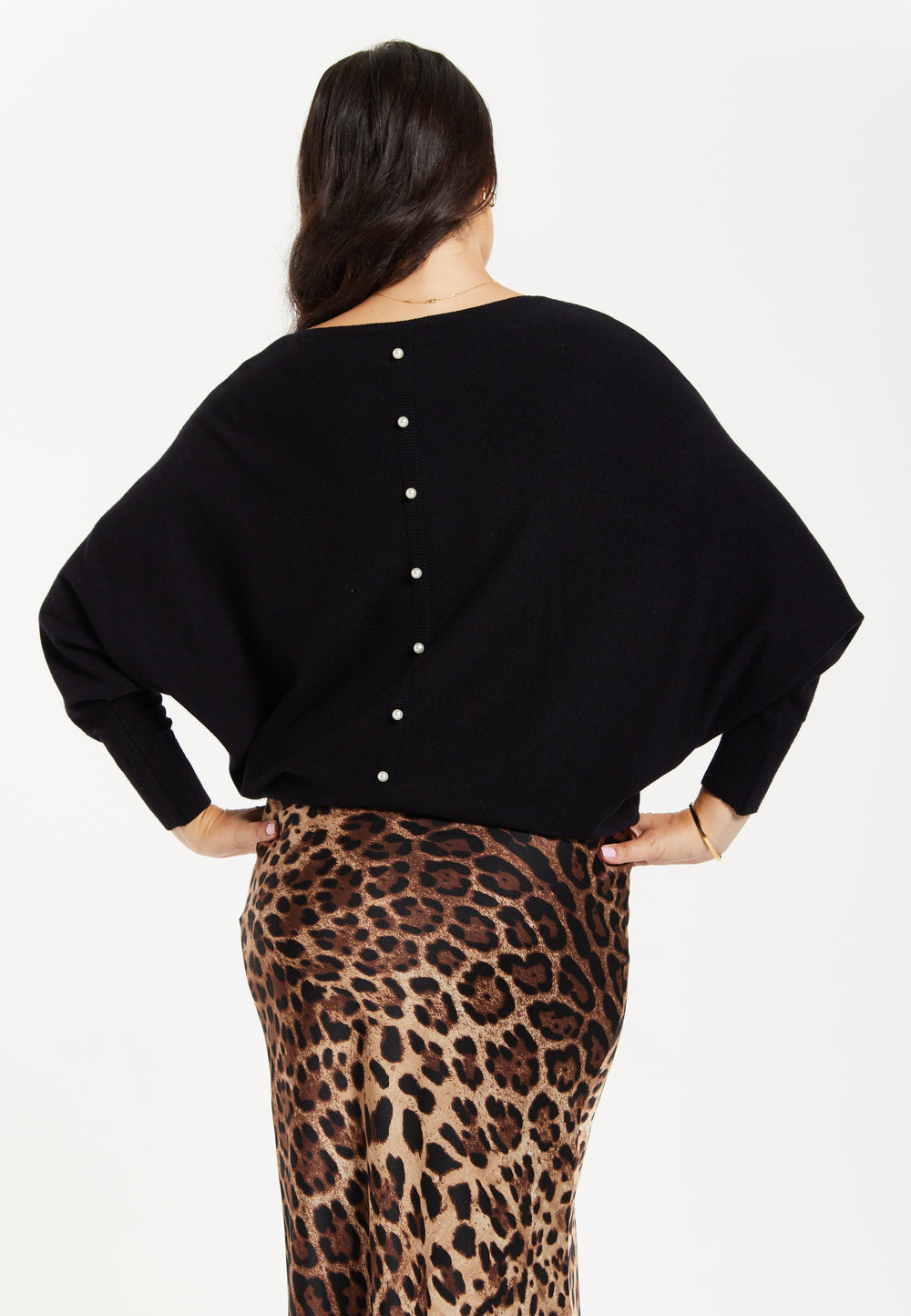 Women's Jumper in Black with Back Pearl-Button Detail and Batwing Sleeves - Liquorish