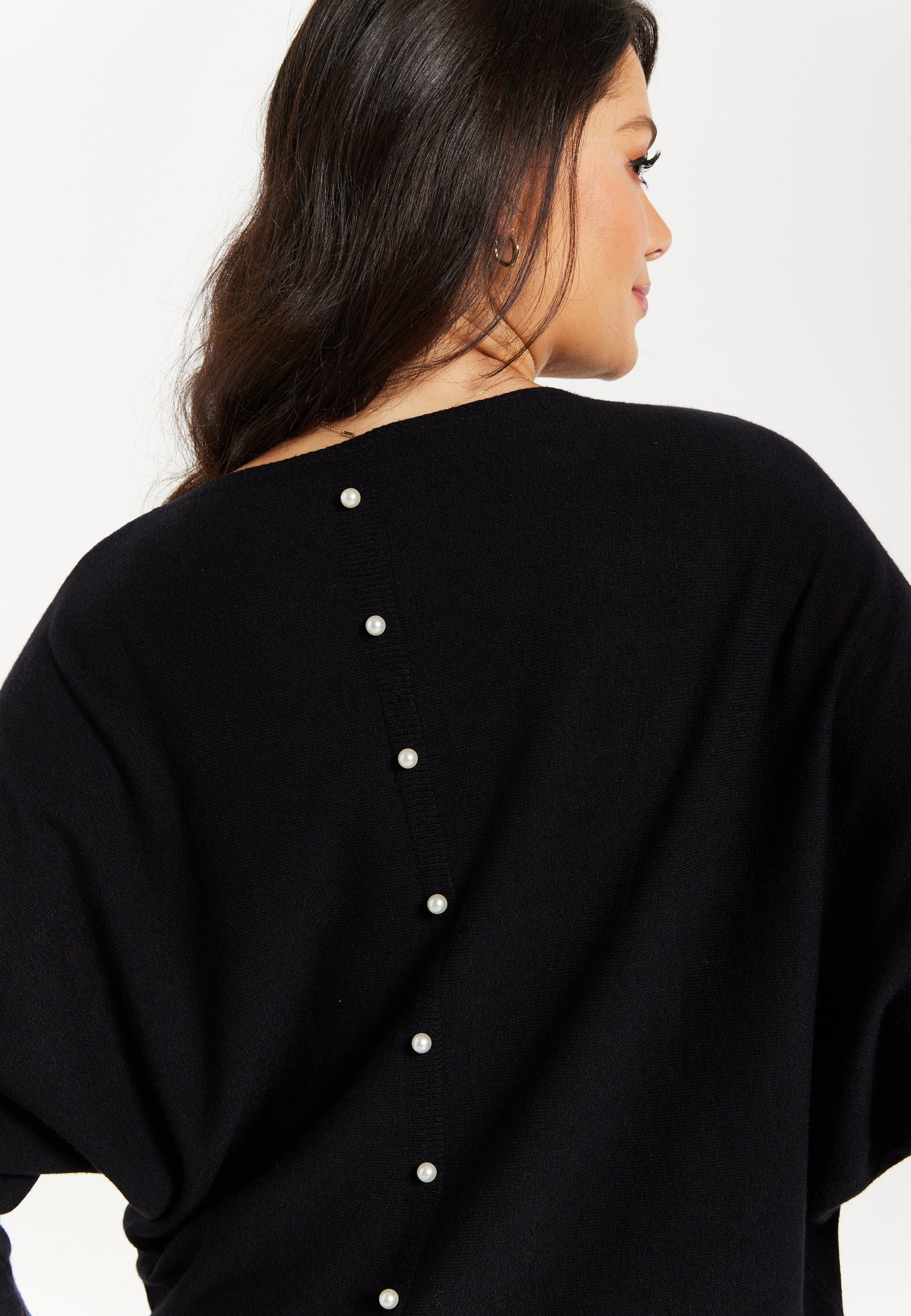 
                  
                    Women's Jumper in Black with Back Pearl-Button Detail and Batwing Sleeves - Liquorish
                  
                