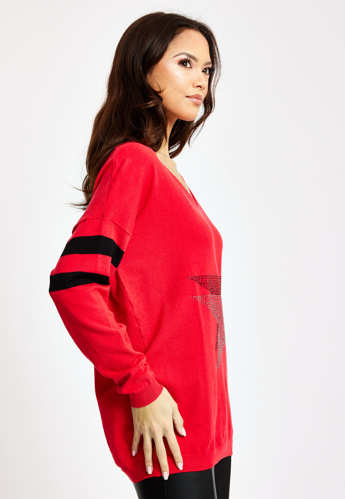 Divine Grace Red Jumper With Sparkly Star & Stripes