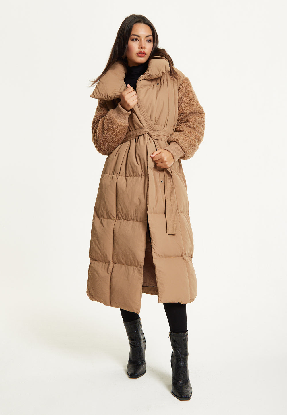 Camel Longline Belted Puffer Coat