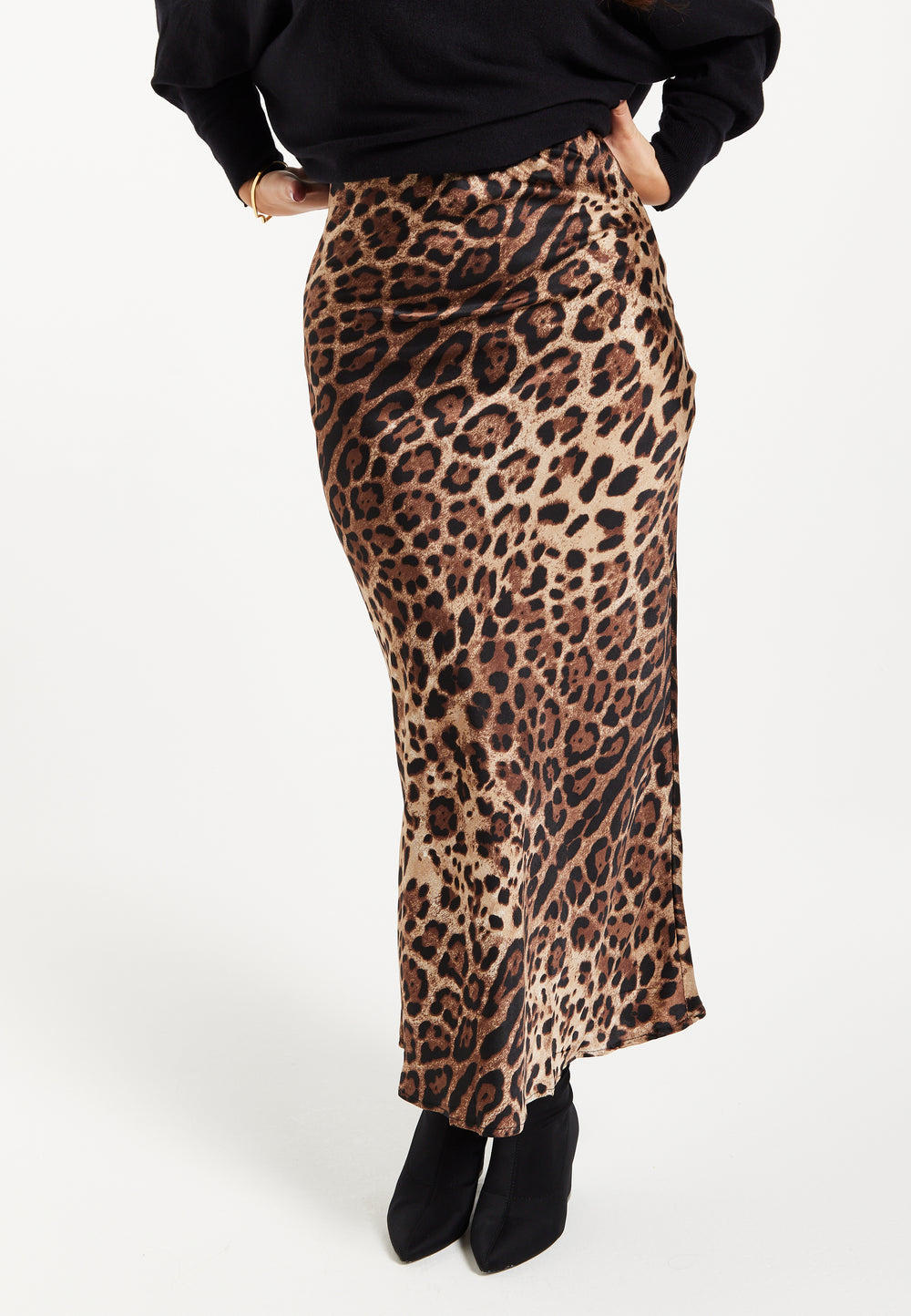 Liquorish Bias Cut Leopard Satin Midi Skirt