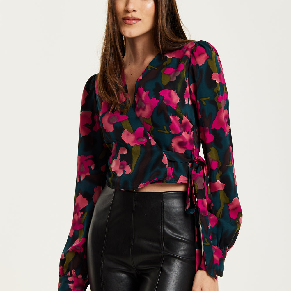 
                  
                    Liquorish Floral Print Wrap Top In Green And Pink
                  
                