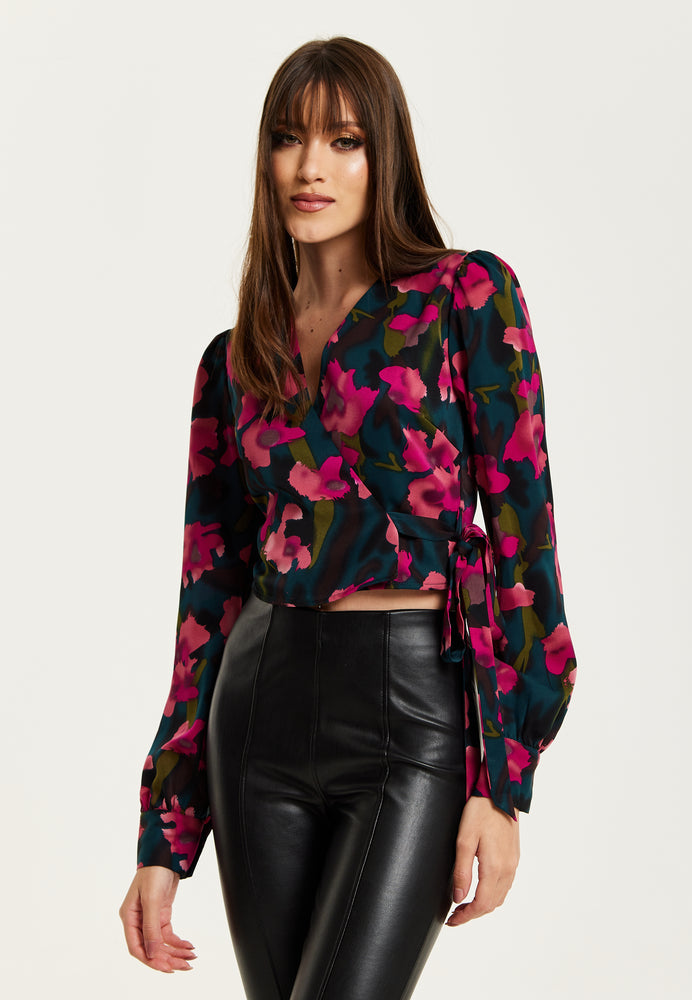 Liquorish Floral Print Wrap Top In Green And Pink